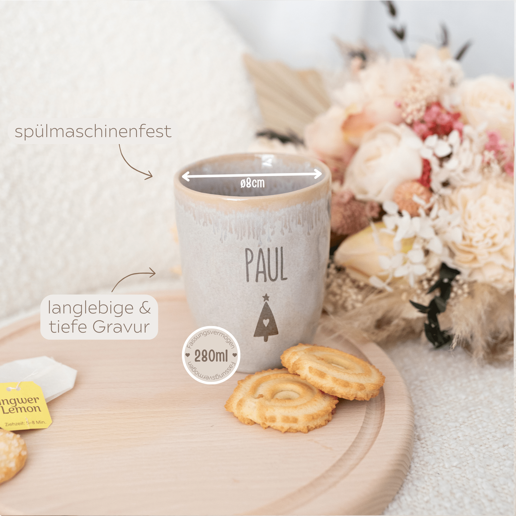 Steingut Becher sand personalisiert - Name Weihnachtsbaum - wunderwunsch