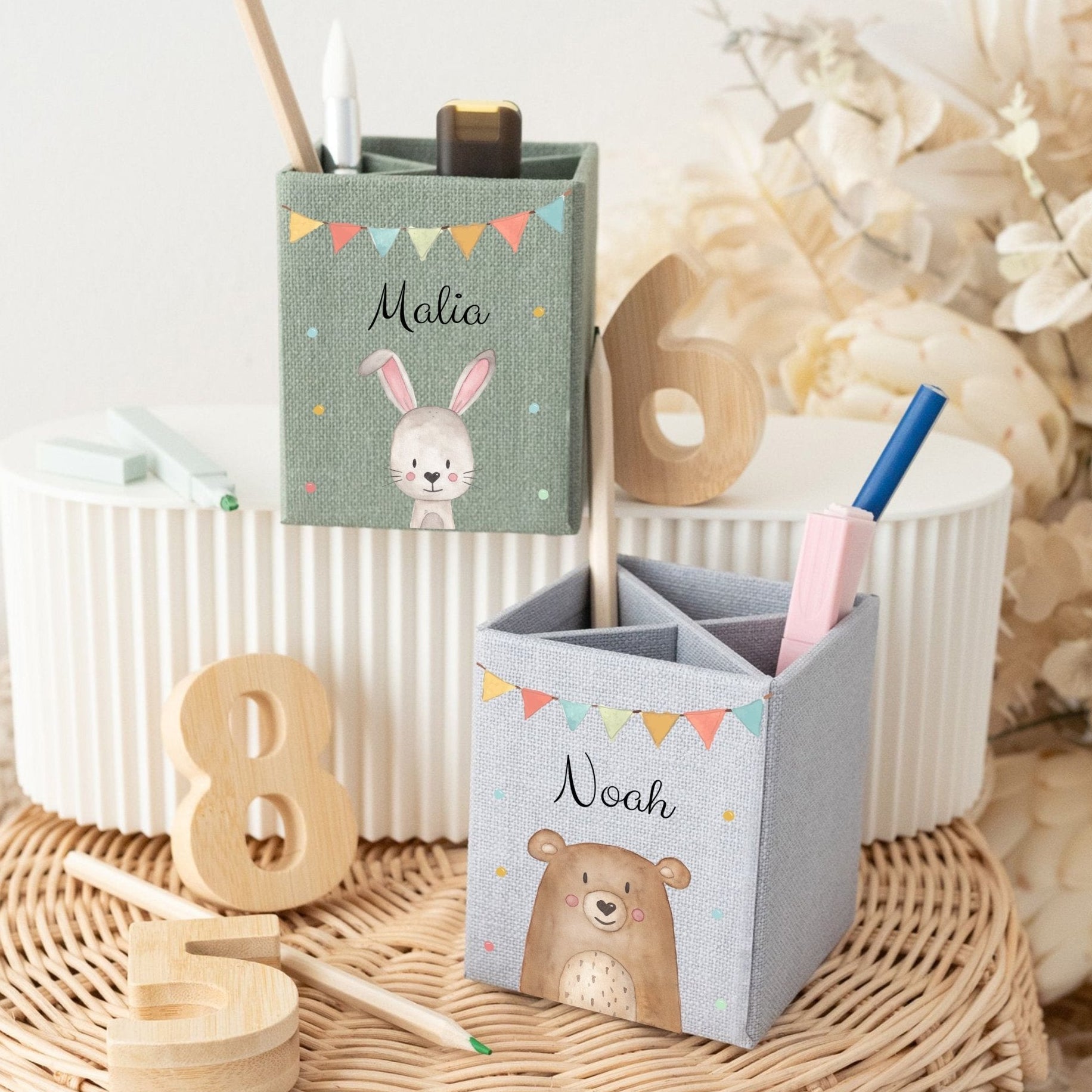 Stiftebecher Canvas personalisiert - Tier Girlande Aquarell - wunderwunsch