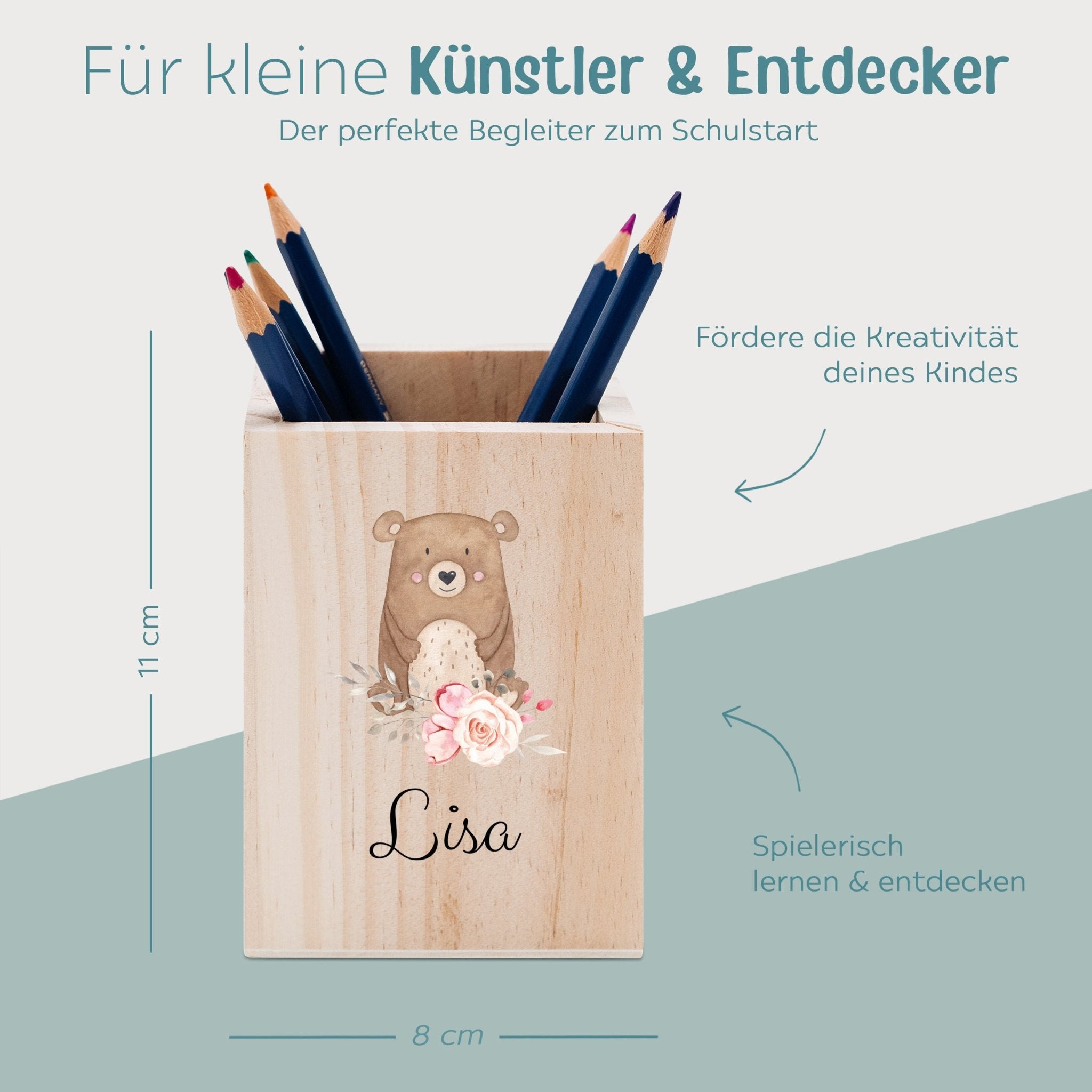 Stiftebecher Holz personalisiert - Blumen Tiere Aquarell - wunderwunsch