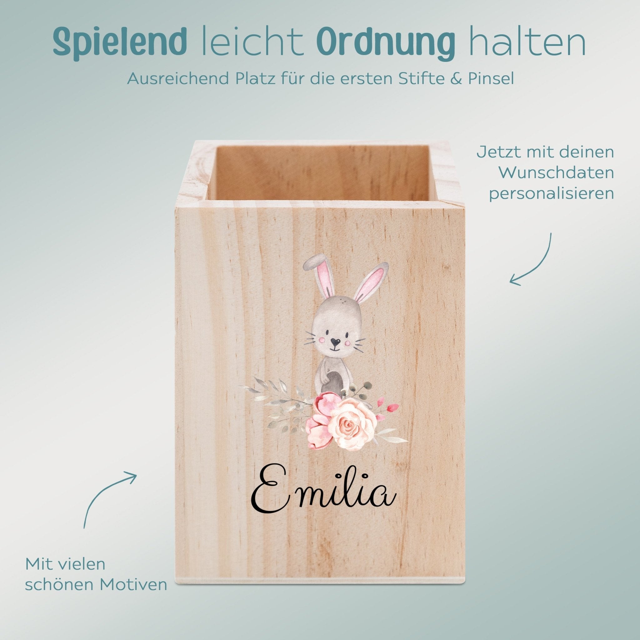 Stiftebecher Holz personalisiert - Blumen Tiere Aquarell - wunderwunsch