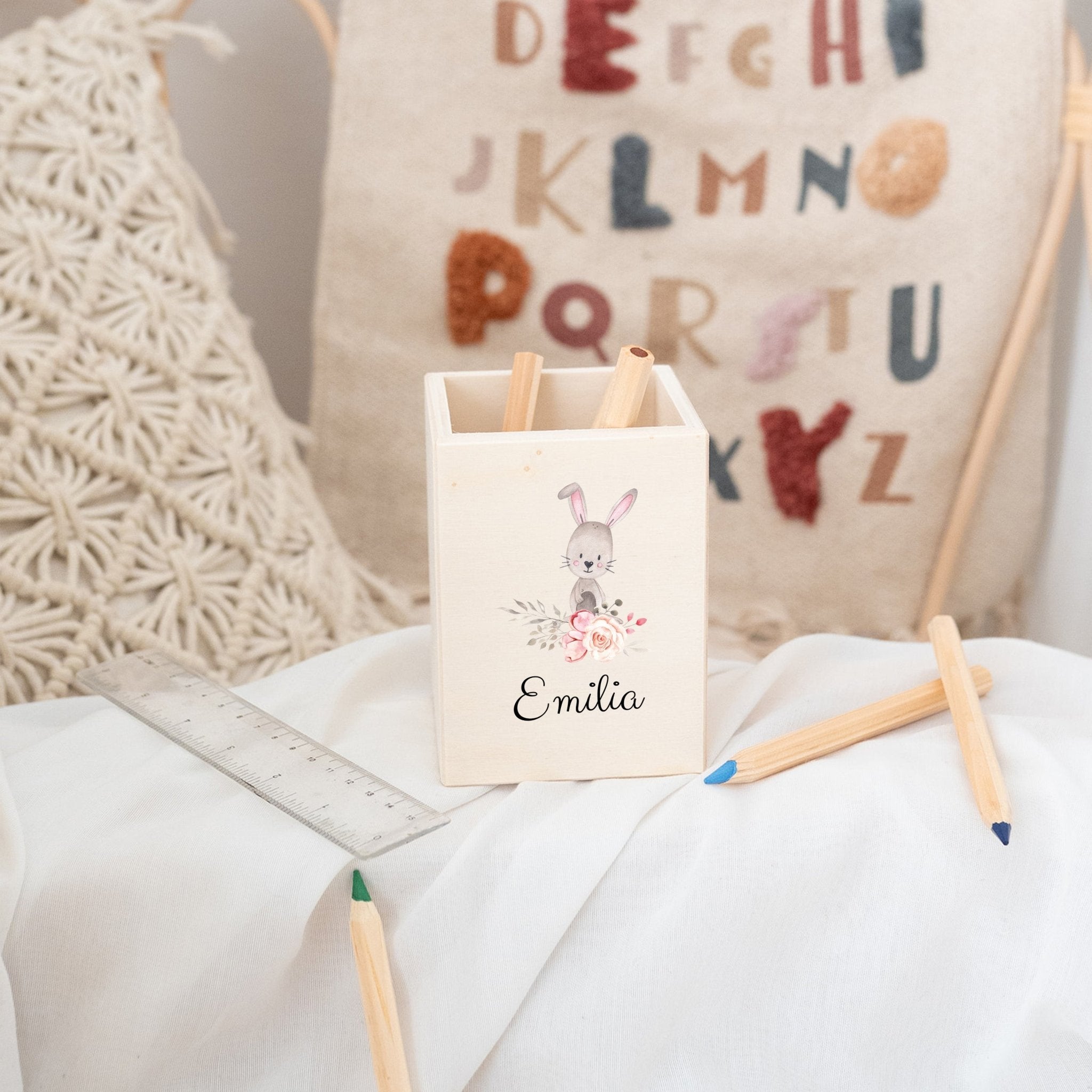 Stiftebecher Holz personalisiert - Blumen Tiere Aquarell - wunderwunsch