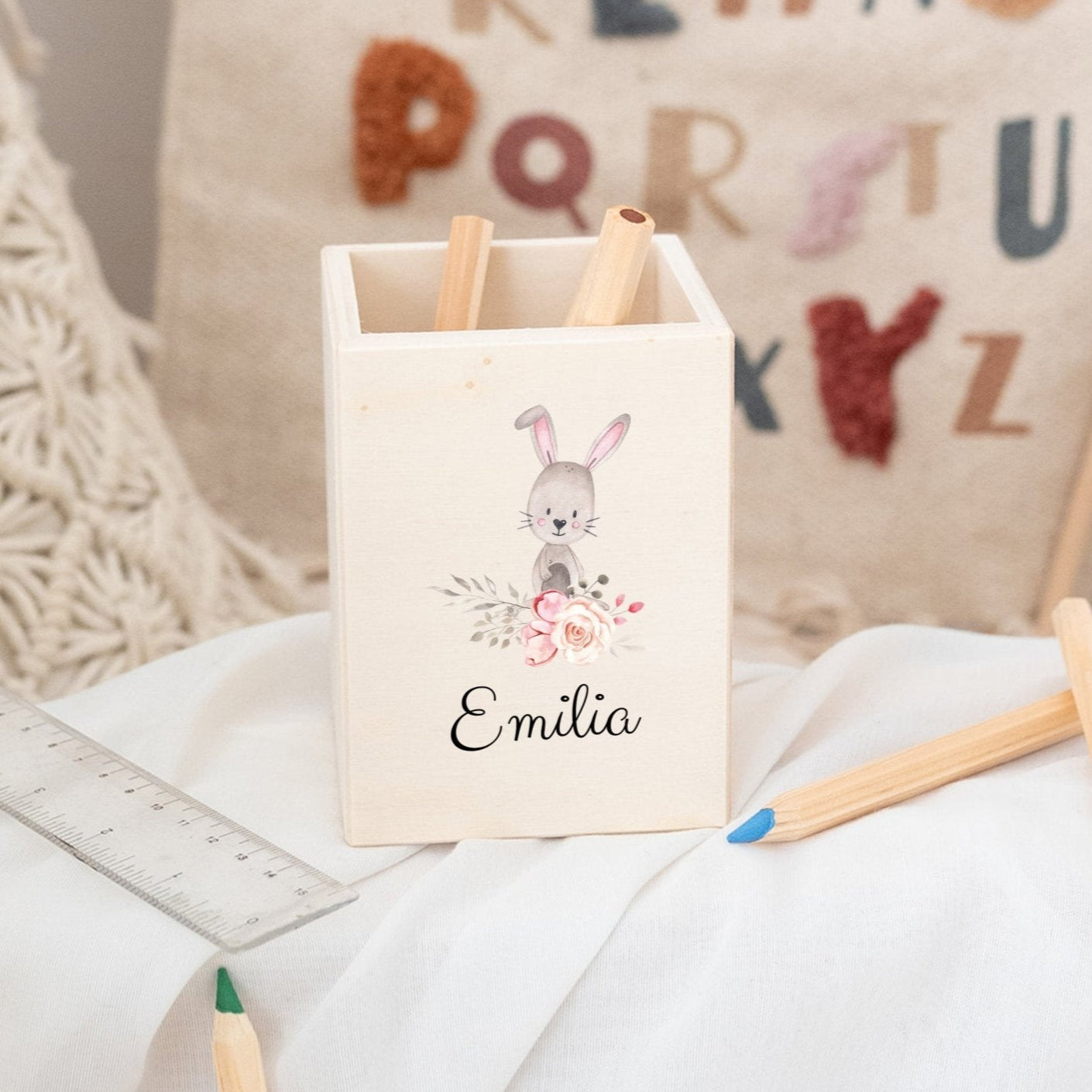 Stiftebecher Holz personalisiert - Blumen Tiere Aquarell - wunderwunsch