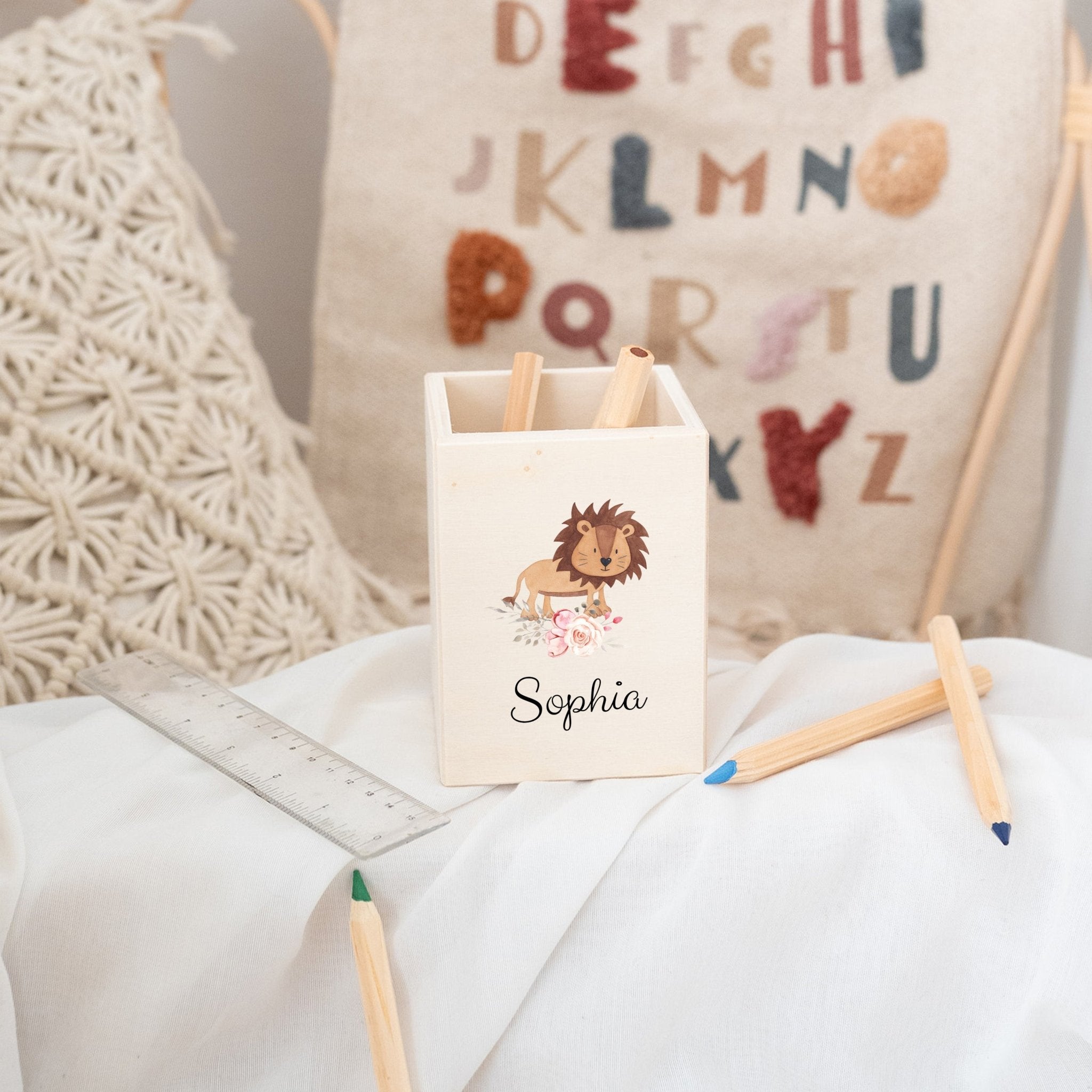Stiftebecher Holz personalisiert - Blumen Tiere Aquarell - wunderwunsch