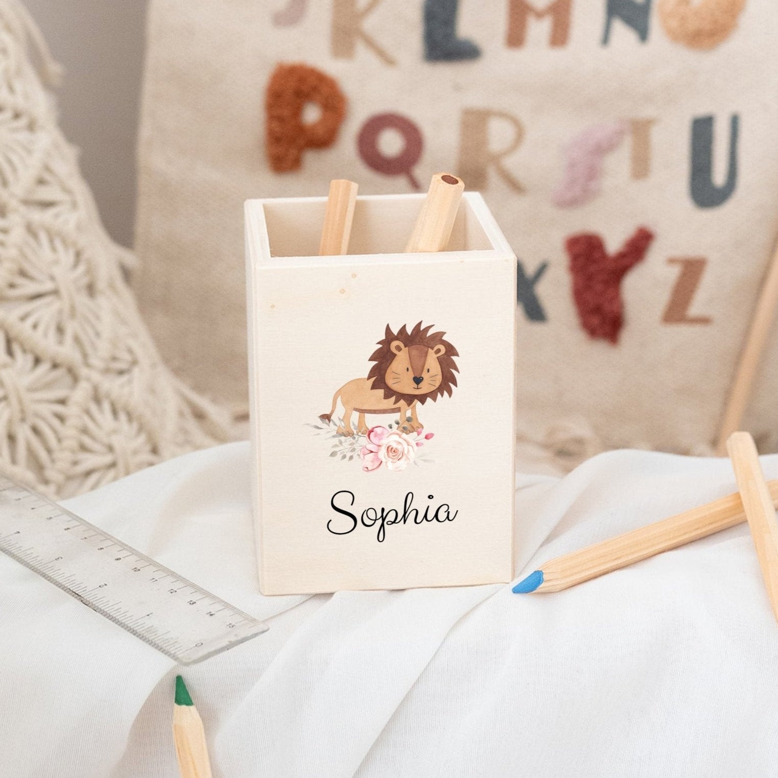 Stiftebecher Holz personalisiert - Blumen Tiere Aquarell - wunderwunsch