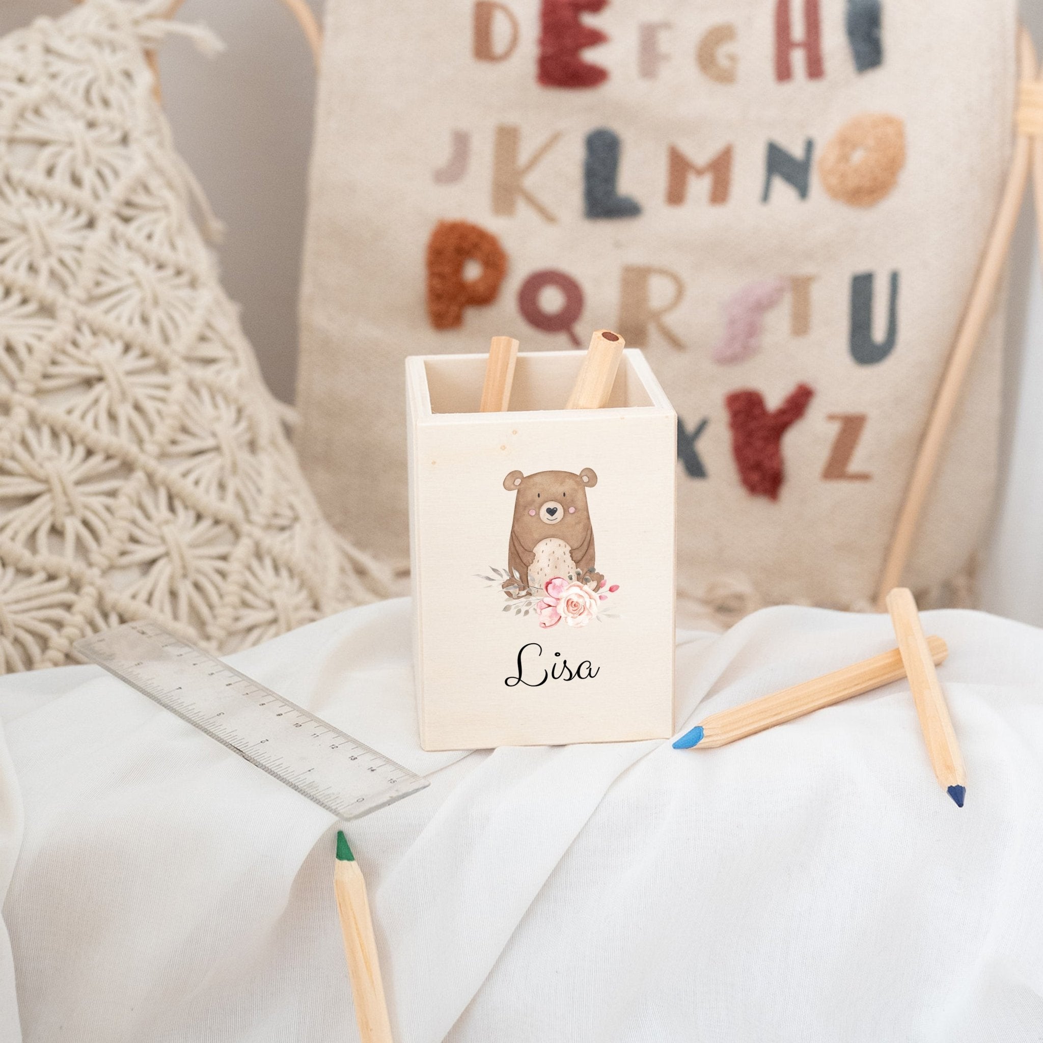 Stiftebecher Holz personalisiert - Blumen Tiere Aquarell - wunderwunsch