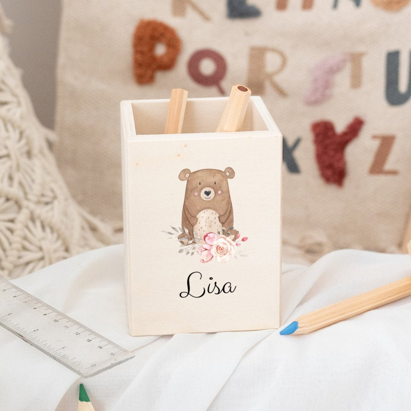 Stiftebecher Holz personalisiert - Blumen Tiere Aquarell - wunderwunsch