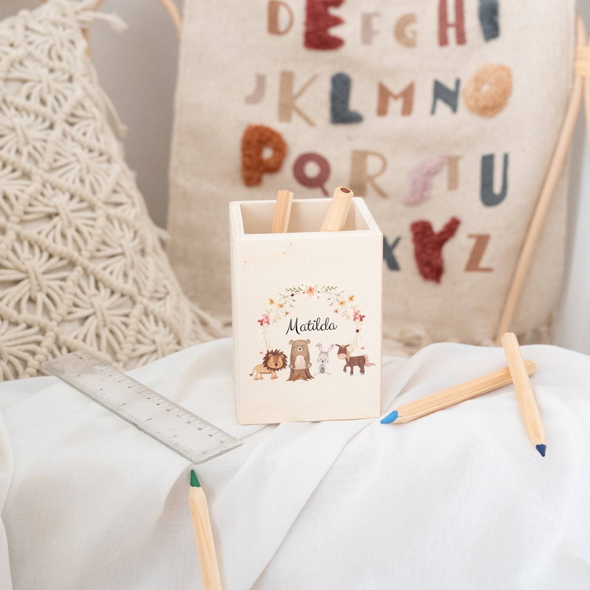 Stiftebecher Holz personalisiert - Blumen Tiere Aquarell - wunderwunsch