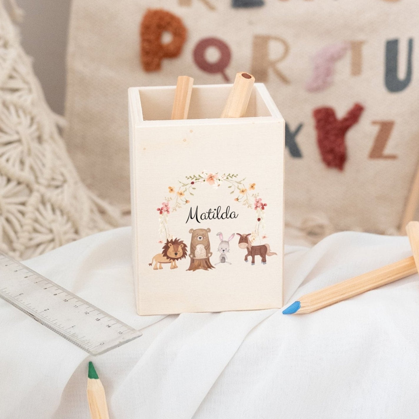 Stiftebecher Holz personalisiert - Blumen Tiere Aquarell - wunderwunsch