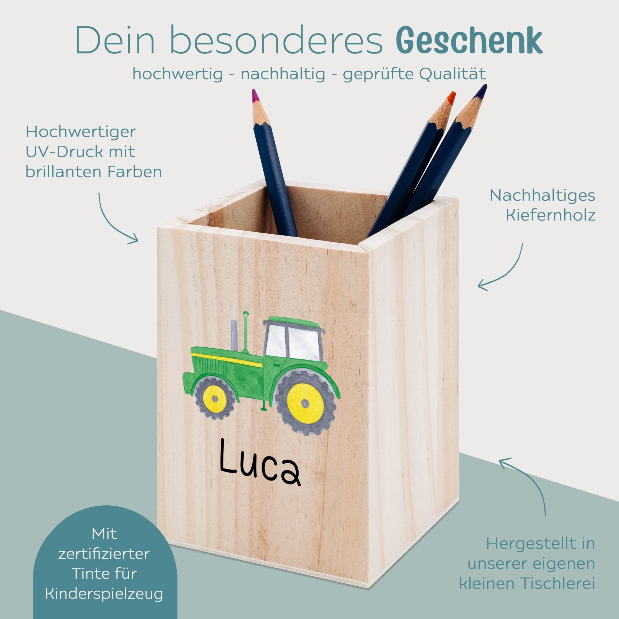 Stiftebecher Holz personalisiert - Fahrzeug Aquarell - wunderwunsch