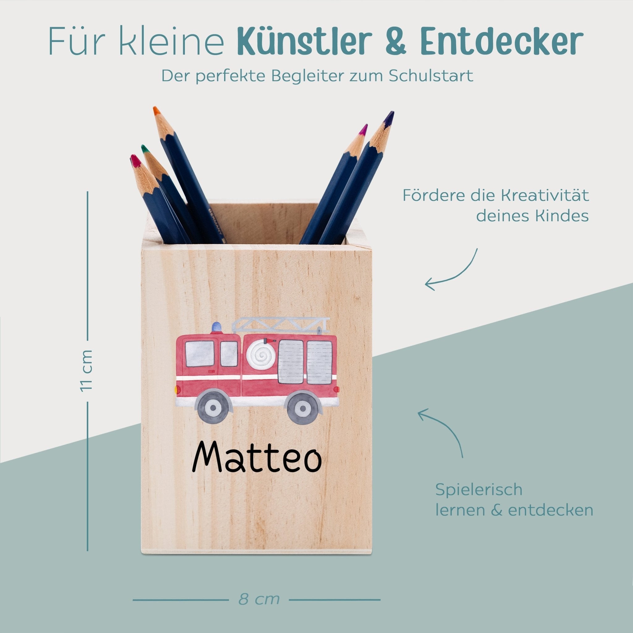 Stiftebecher Holz personalisiert - Fahrzeug Aquarell - wunderwunsch