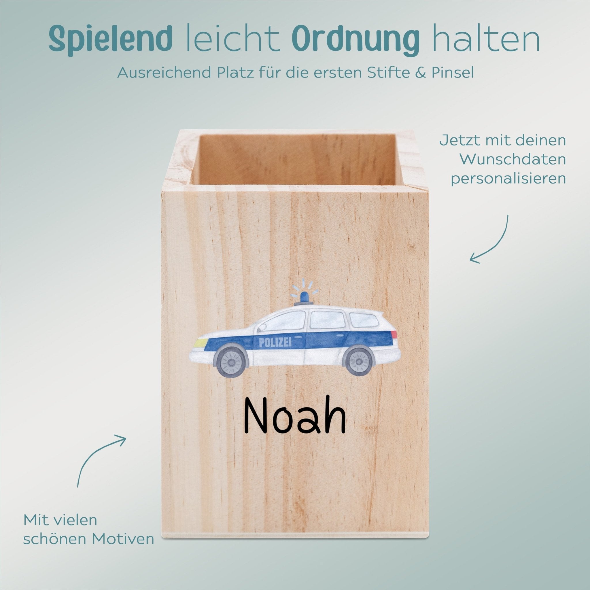 Stiftebecher Holz personalisiert - Fahrzeug Aquarell - wunderwunsch