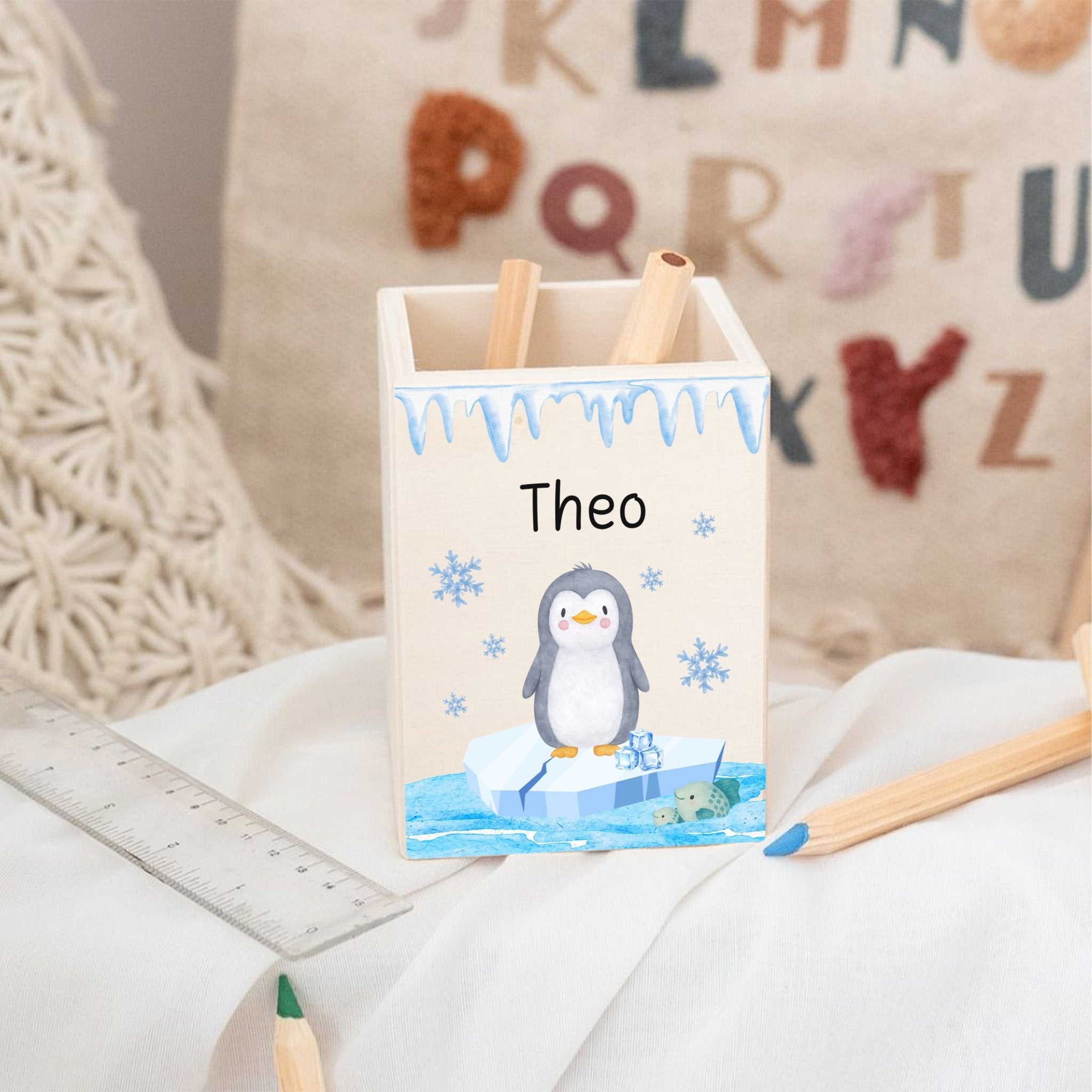 Stiftebecher Holz personalisiert - Ganzkörper Tier Aquarell - wunderwunsch