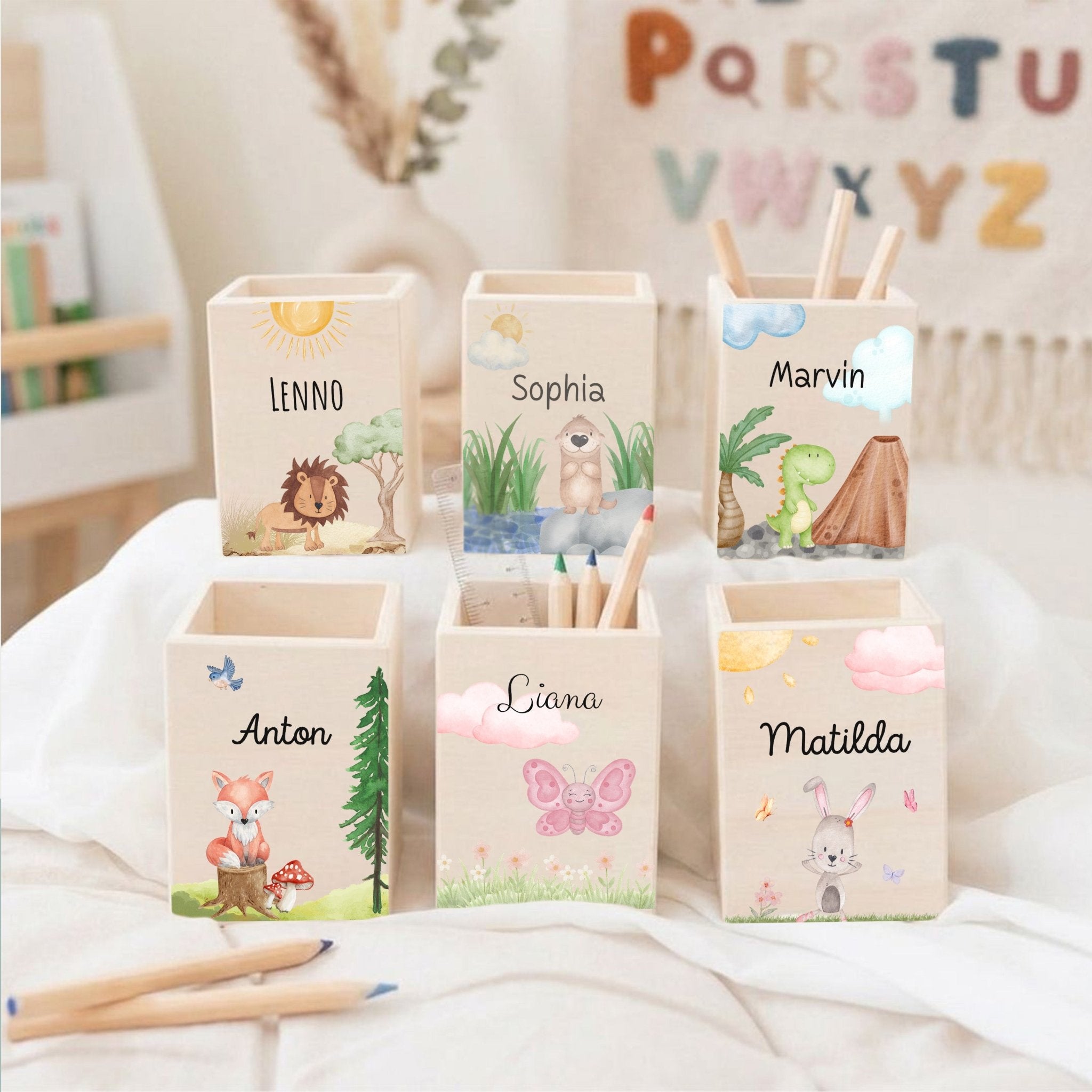 Stiftebecher Holz personalisiert - Ganzkörper Tier Aquarell - wunderwunsch