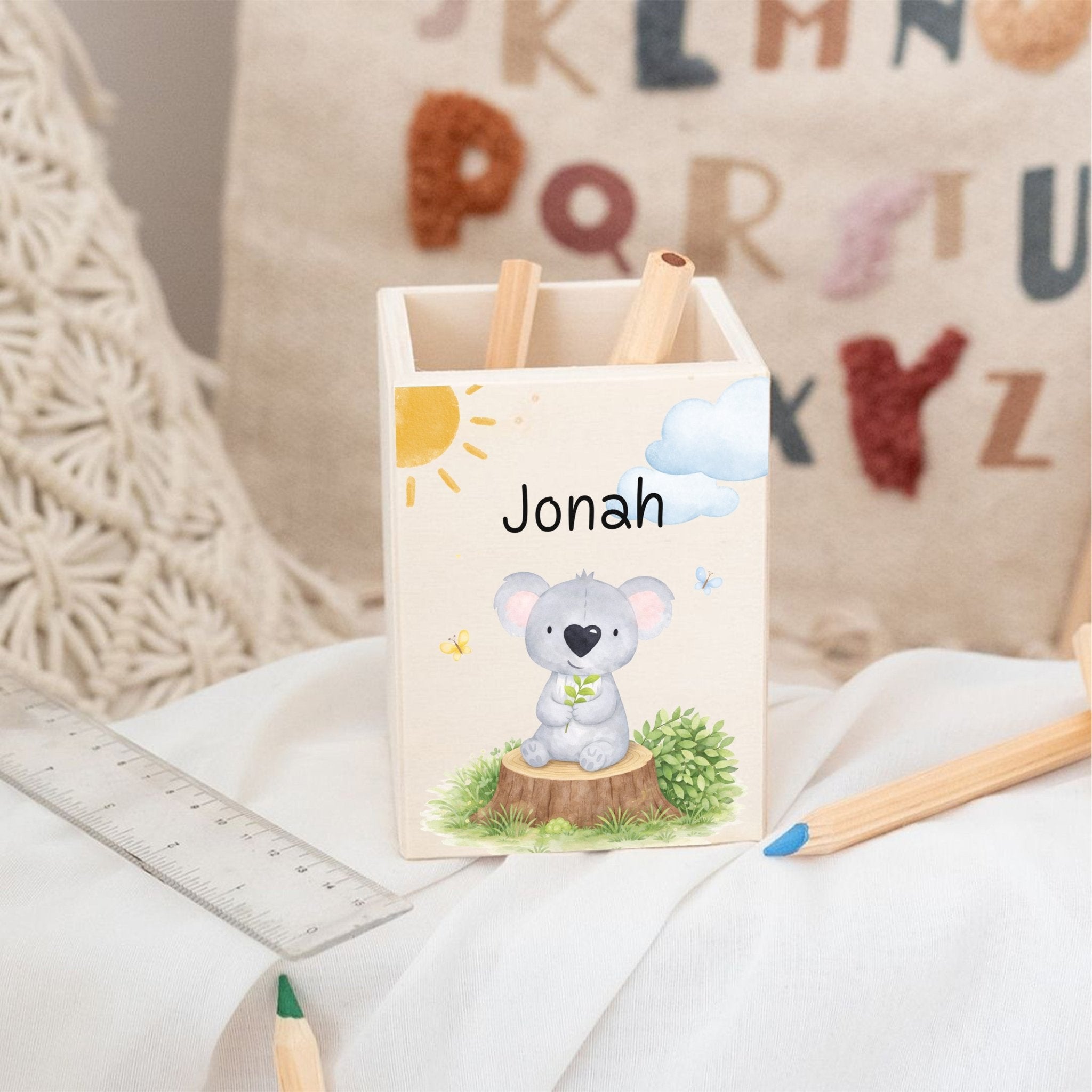 Stiftebecher Holz personalisiert - Ganzkörper Tier Aquarell - wunderwunsch
