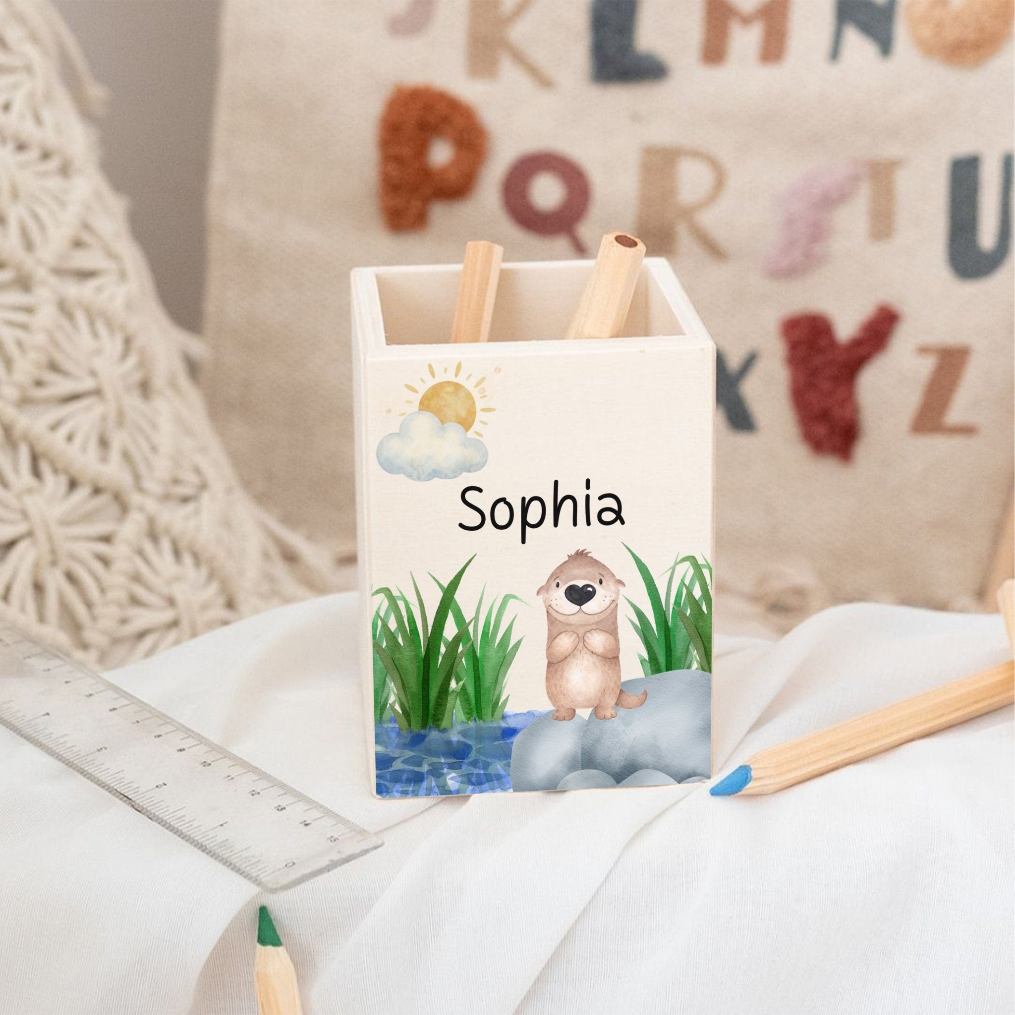 Stiftebecher Holz personalisiert - Ganzkörper Tier Aquarell - wunderwunsch