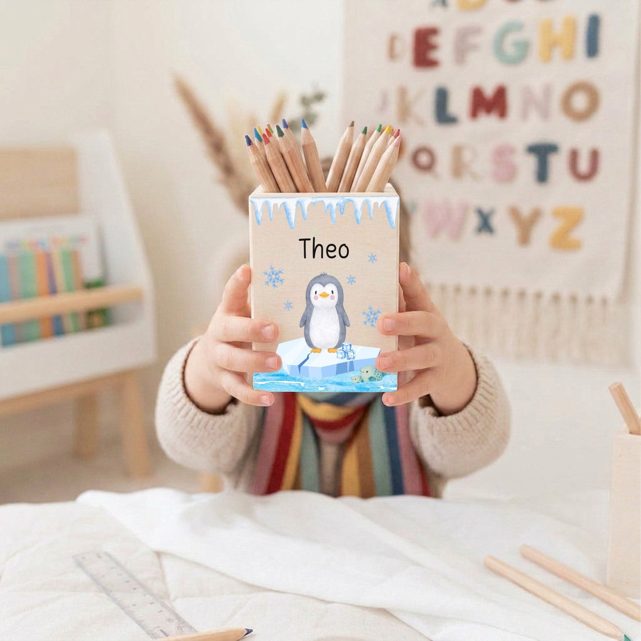 Stiftebecher Holz personalisiert - Ganzkörper Tier Aquarell - wunderwunsch