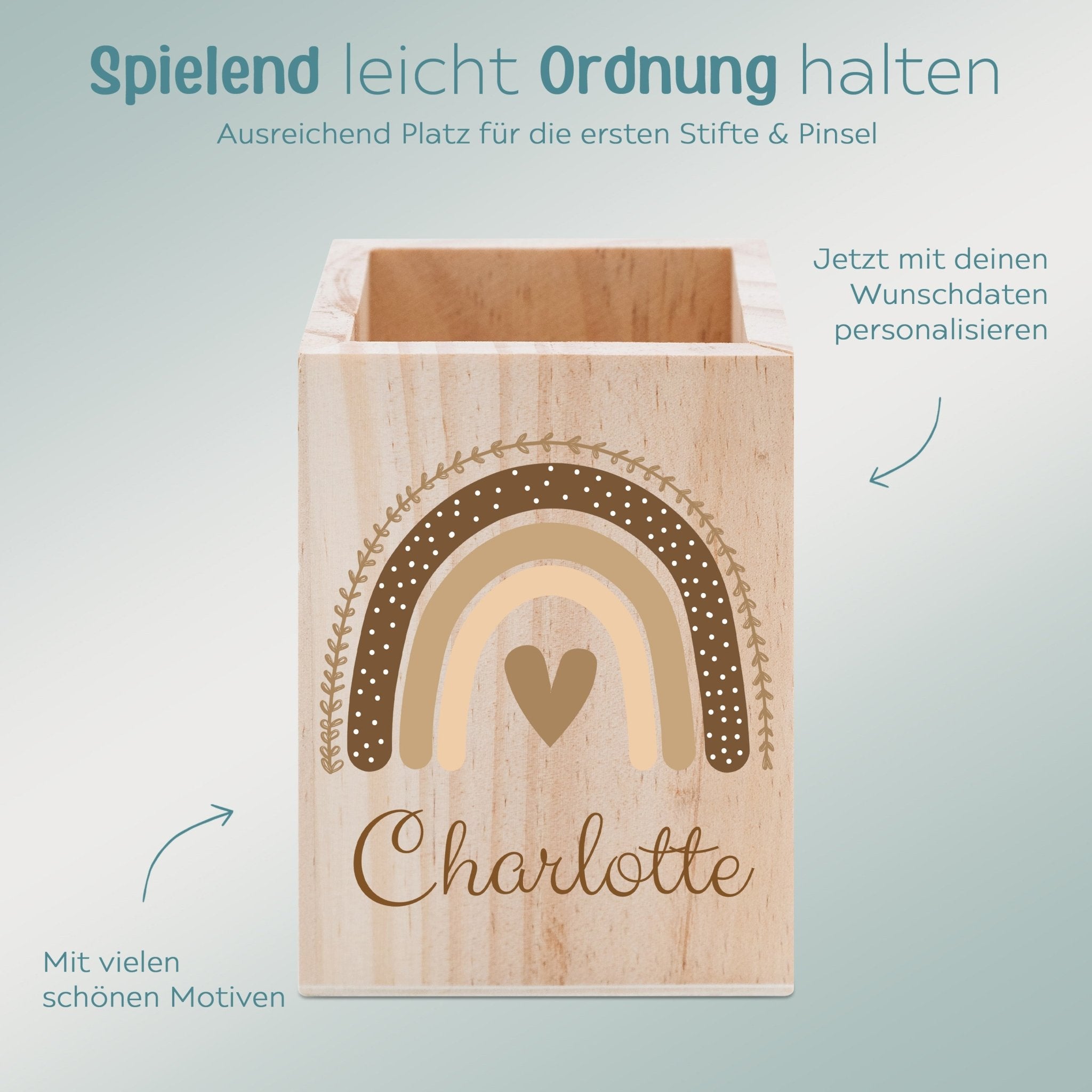 Stiftebecher Holz personalisiert - Regenbogen beige Aquarell - wunderwunsch