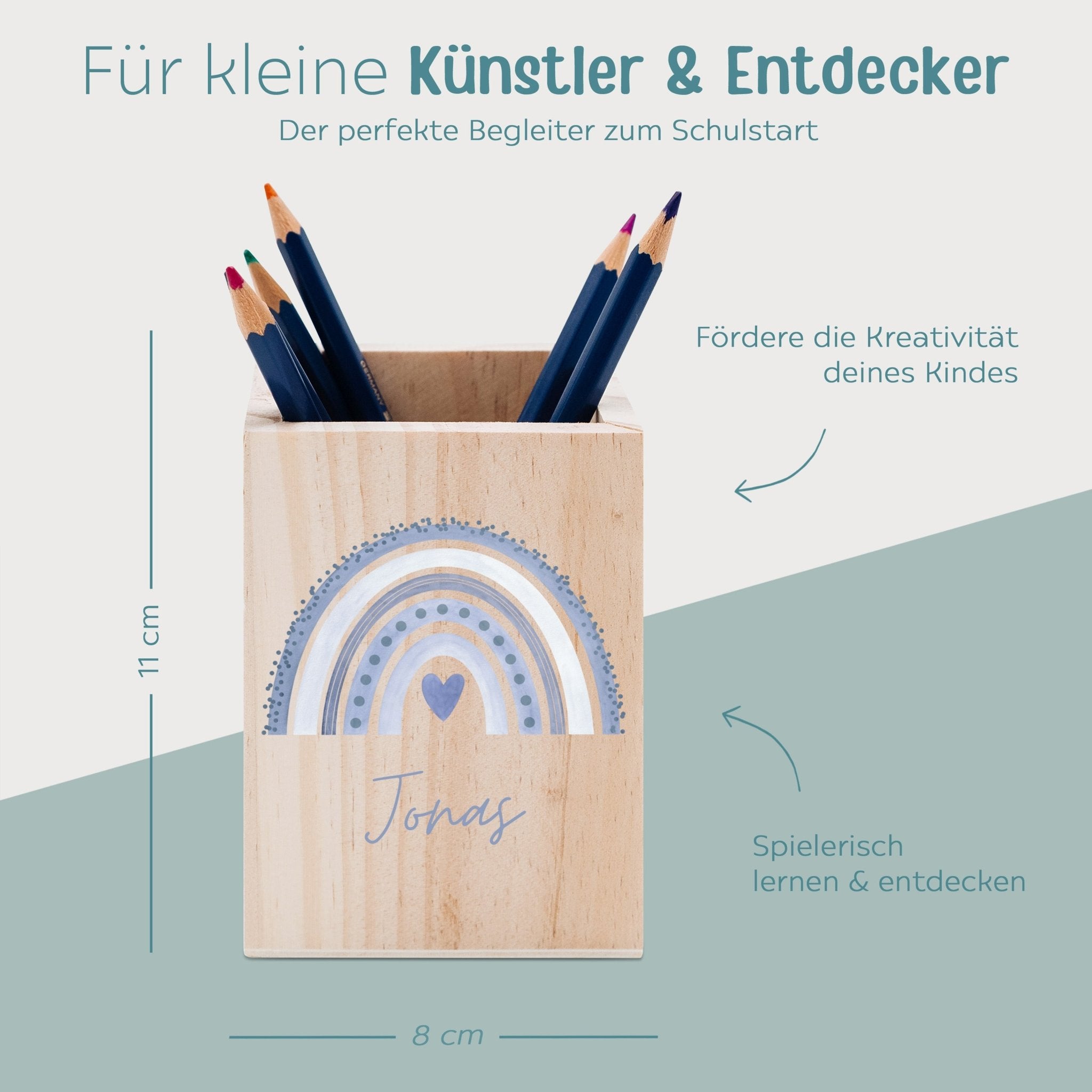 Stiftebecher Holz personalisiert - Regenbogen Punkte Aquarell - wunderwunsch