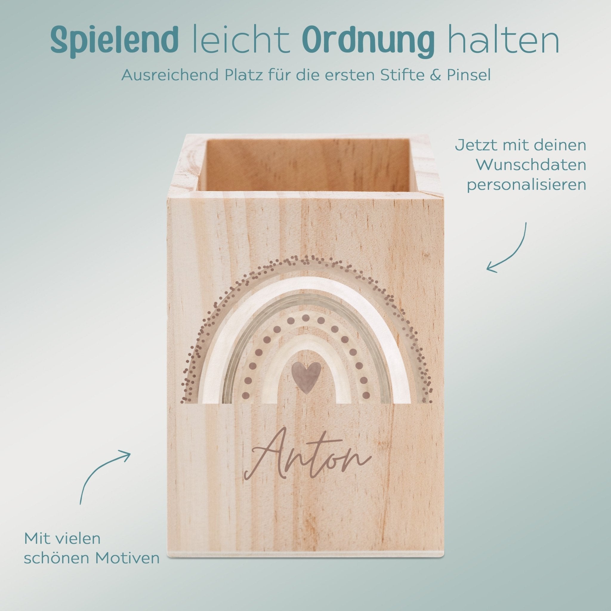Stiftebecher Holz personalisiert - Regenbogen Punkte Aquarell - wunderwunsch