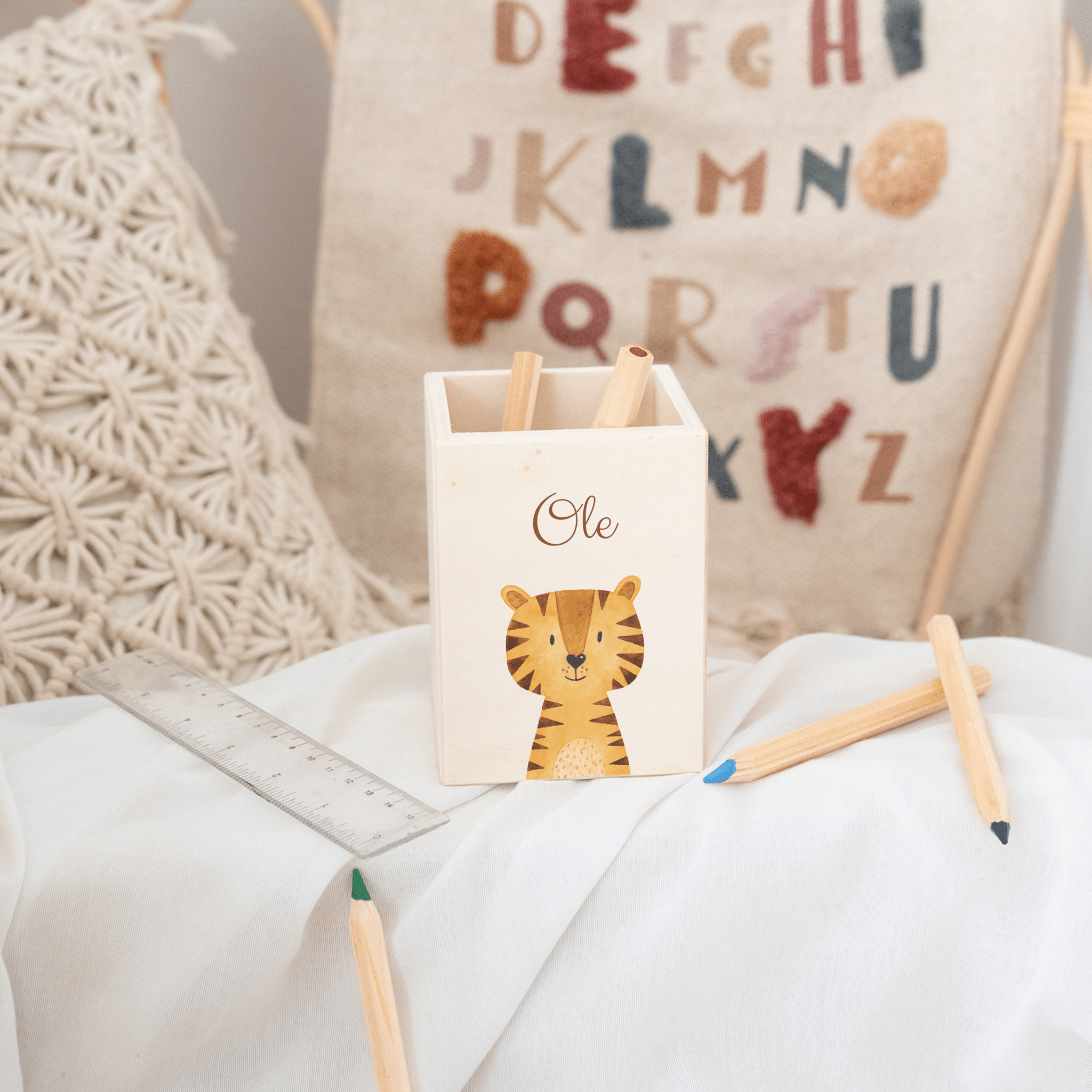 Stiftebecher Holz personalisiert - Tier Aquarell - wunderwunsch