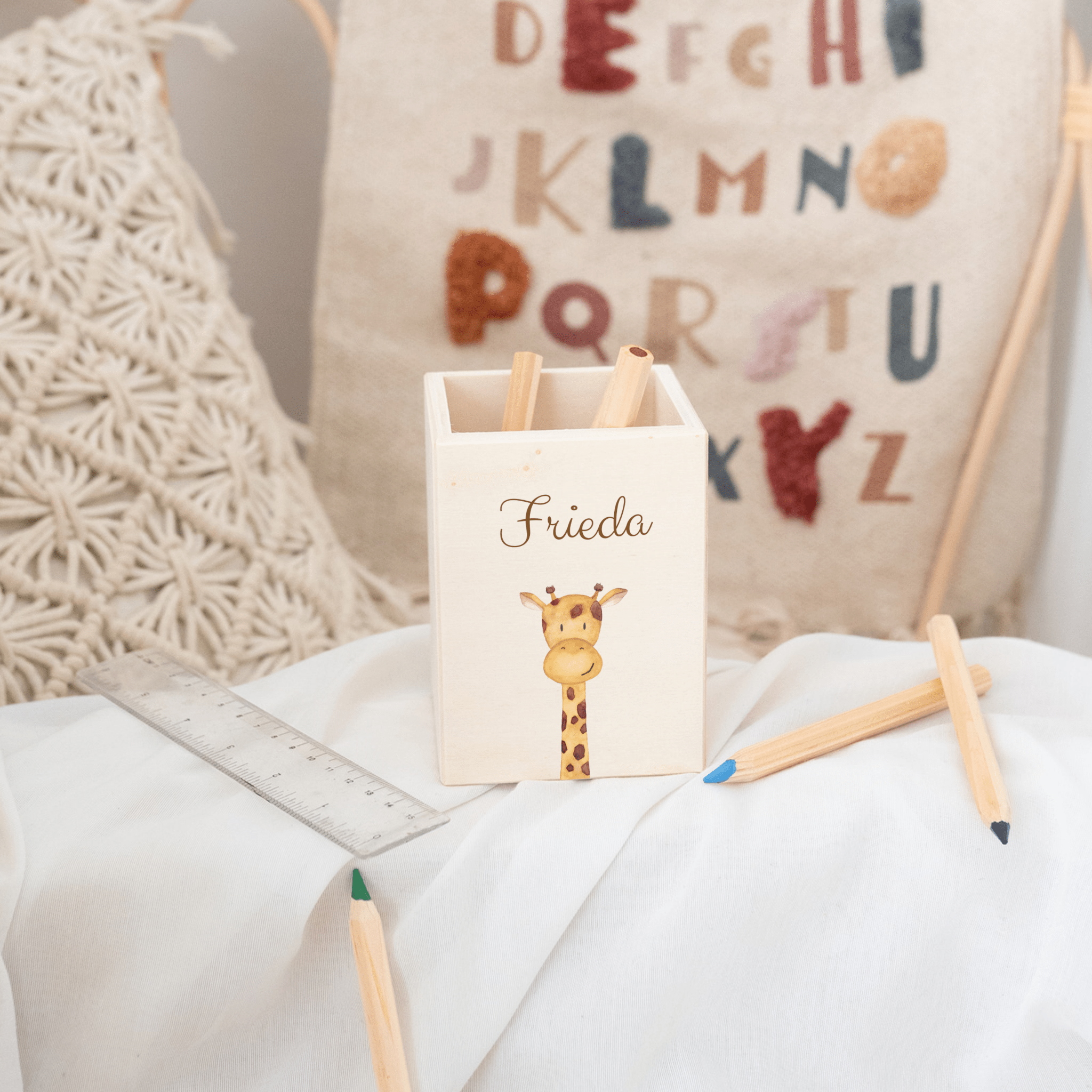 Stiftebecher Holz personalisiert - Tier Aquarell - wunderwunsch