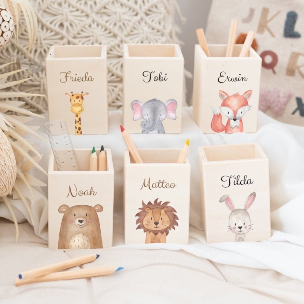 Stiftebecher Holz personalisiert - Tier Aquarell - wunderwunsch