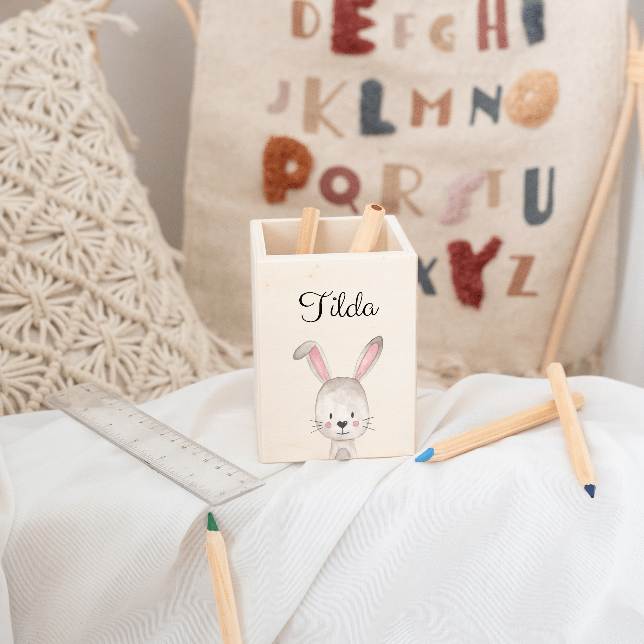 Stiftebecher Holz personalisiert - Tier Aquarell - wunderwunsch