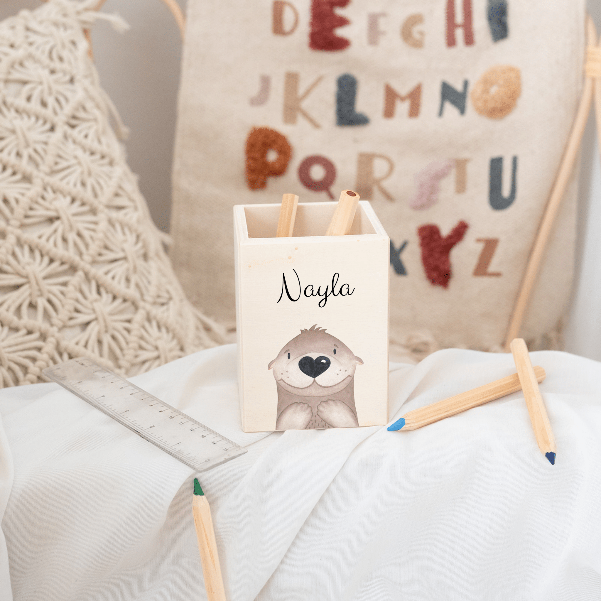 Stiftebecher Holz personalisiert - Tier Aquarell - wunderwunsch