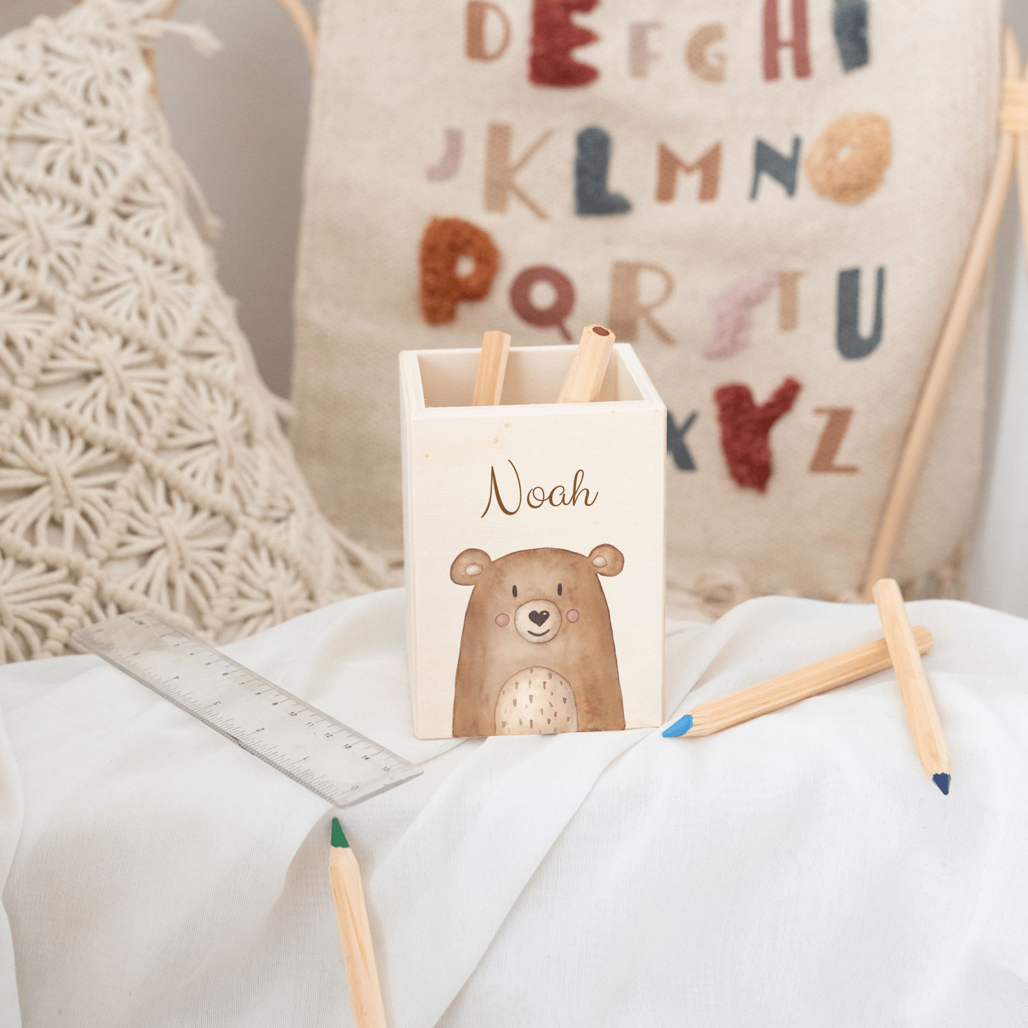 Stiftebecher Holz personalisiert - Tier Aquarell - wunderwunsch