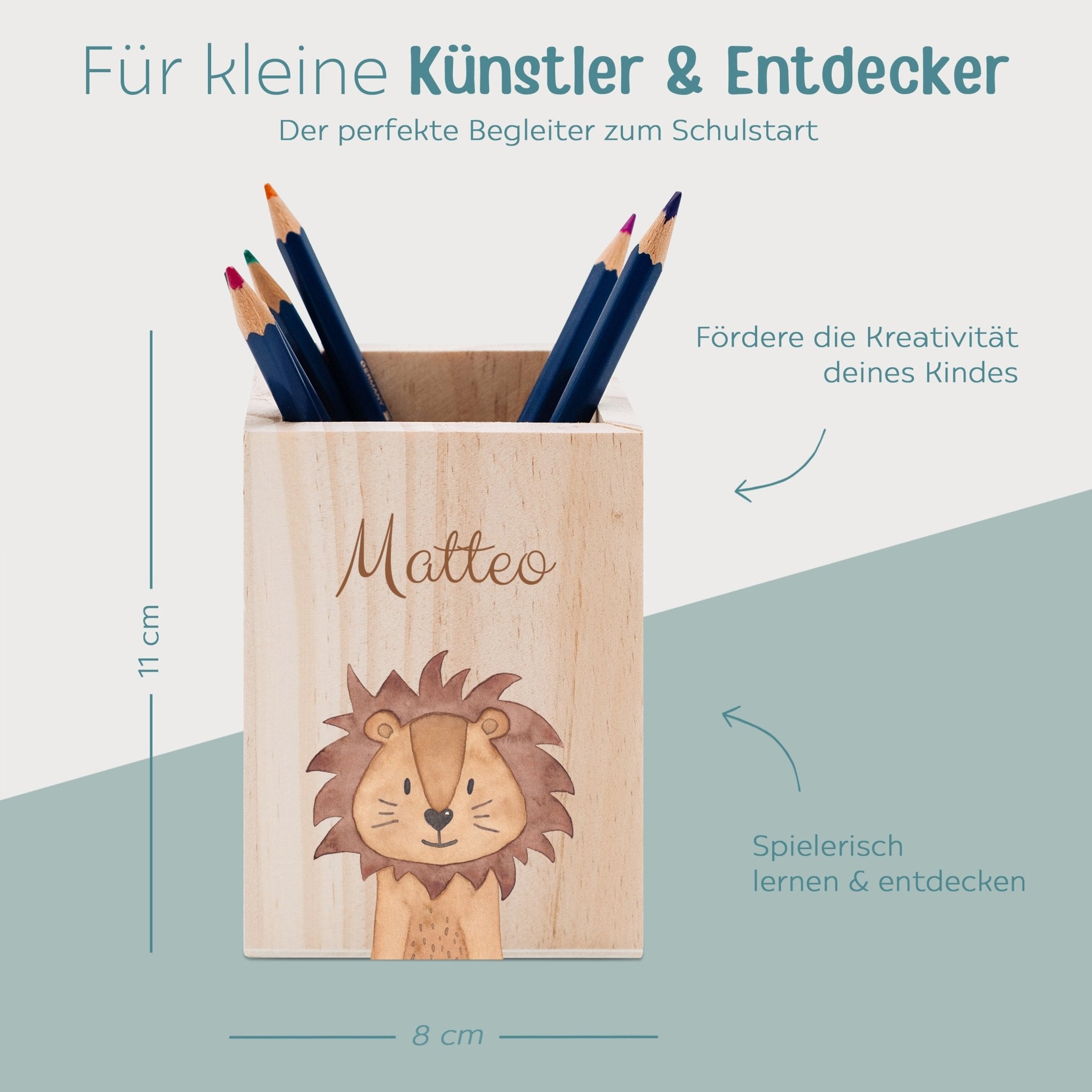 Stiftebecher Holz personalisiert - Tier Aquarell - wunderwunsch