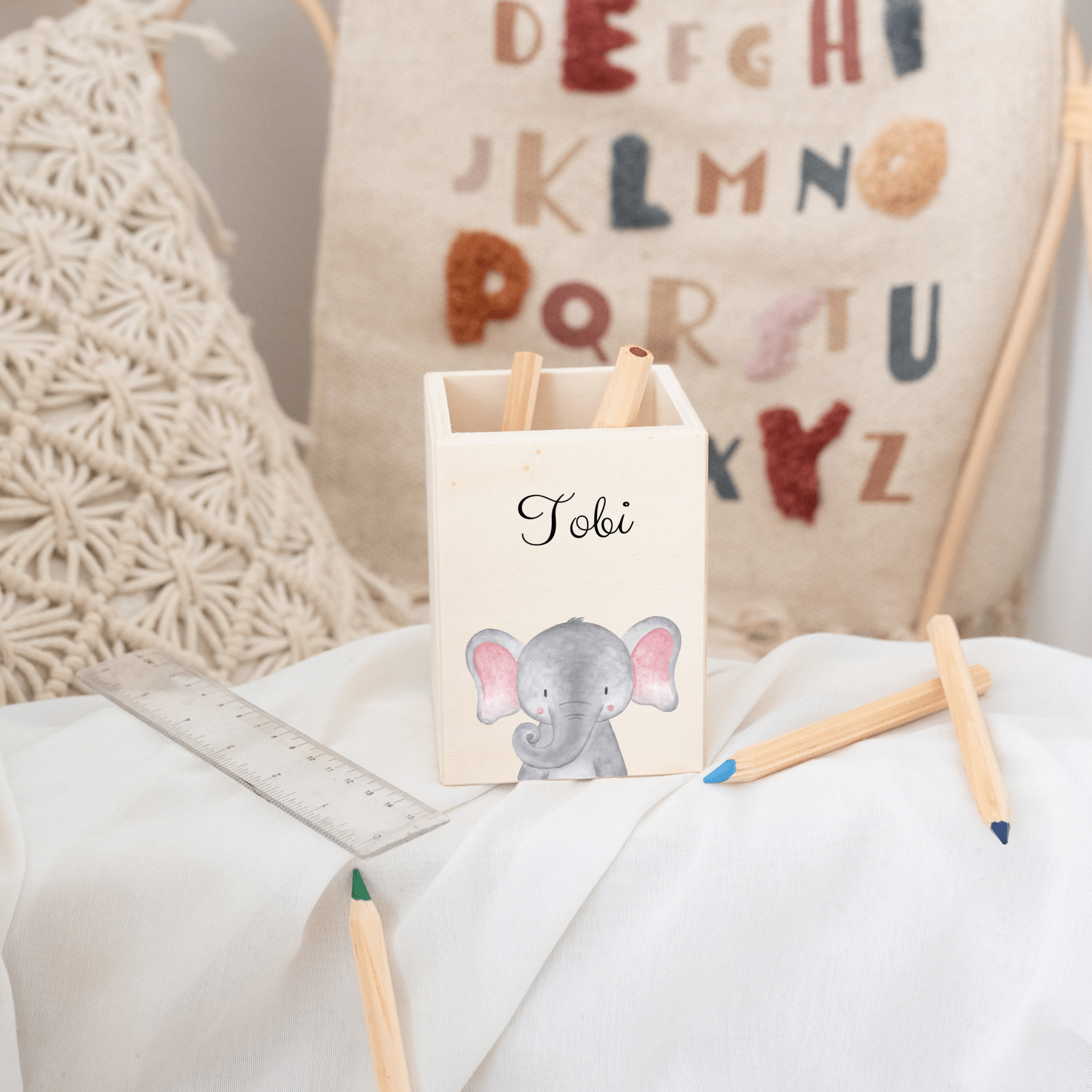 Stiftebecher Holz personalisiert - Tier Aquarell - wunderwunsch