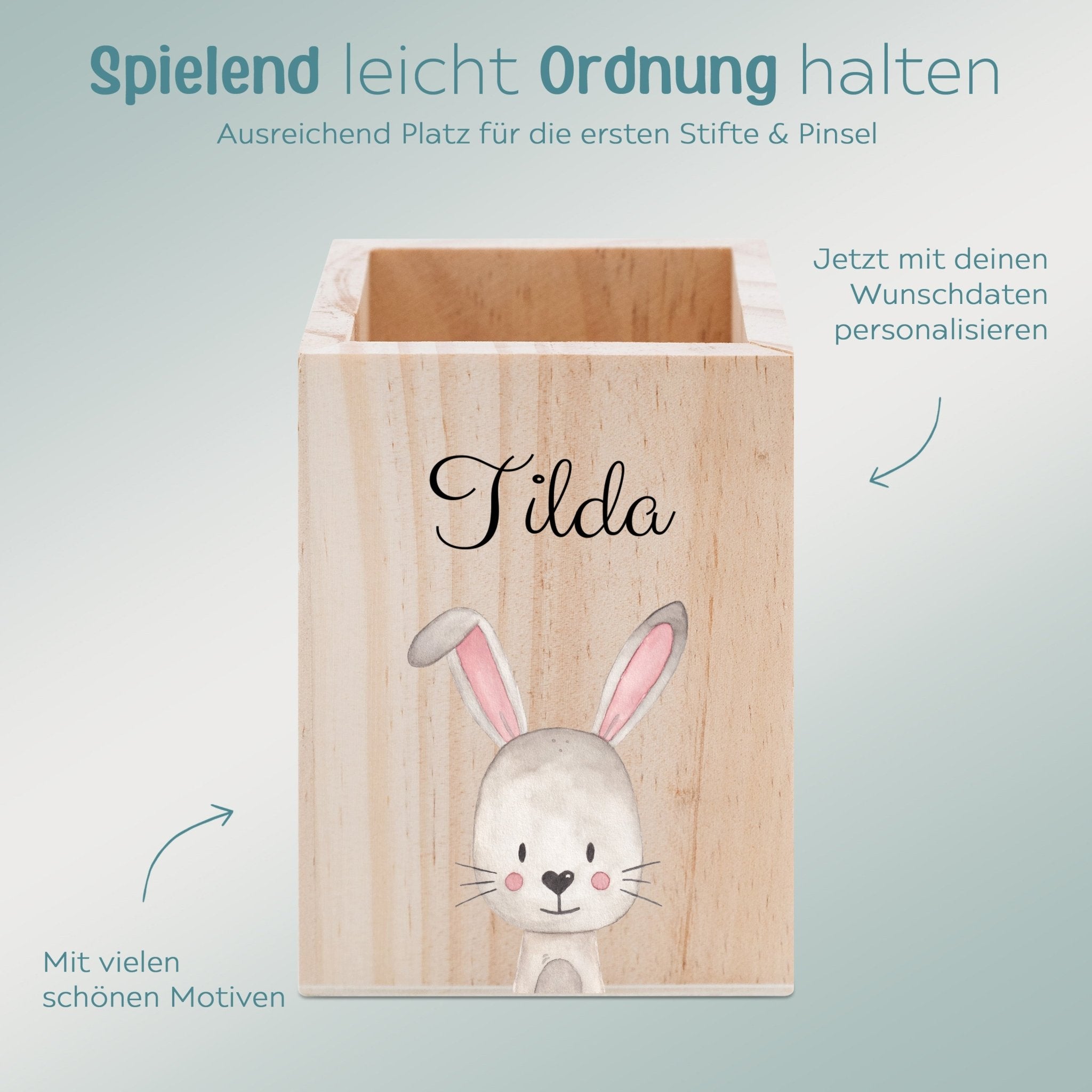 Stiftebecher Holz personalisiert - Tier Aquarell - wunderwunsch