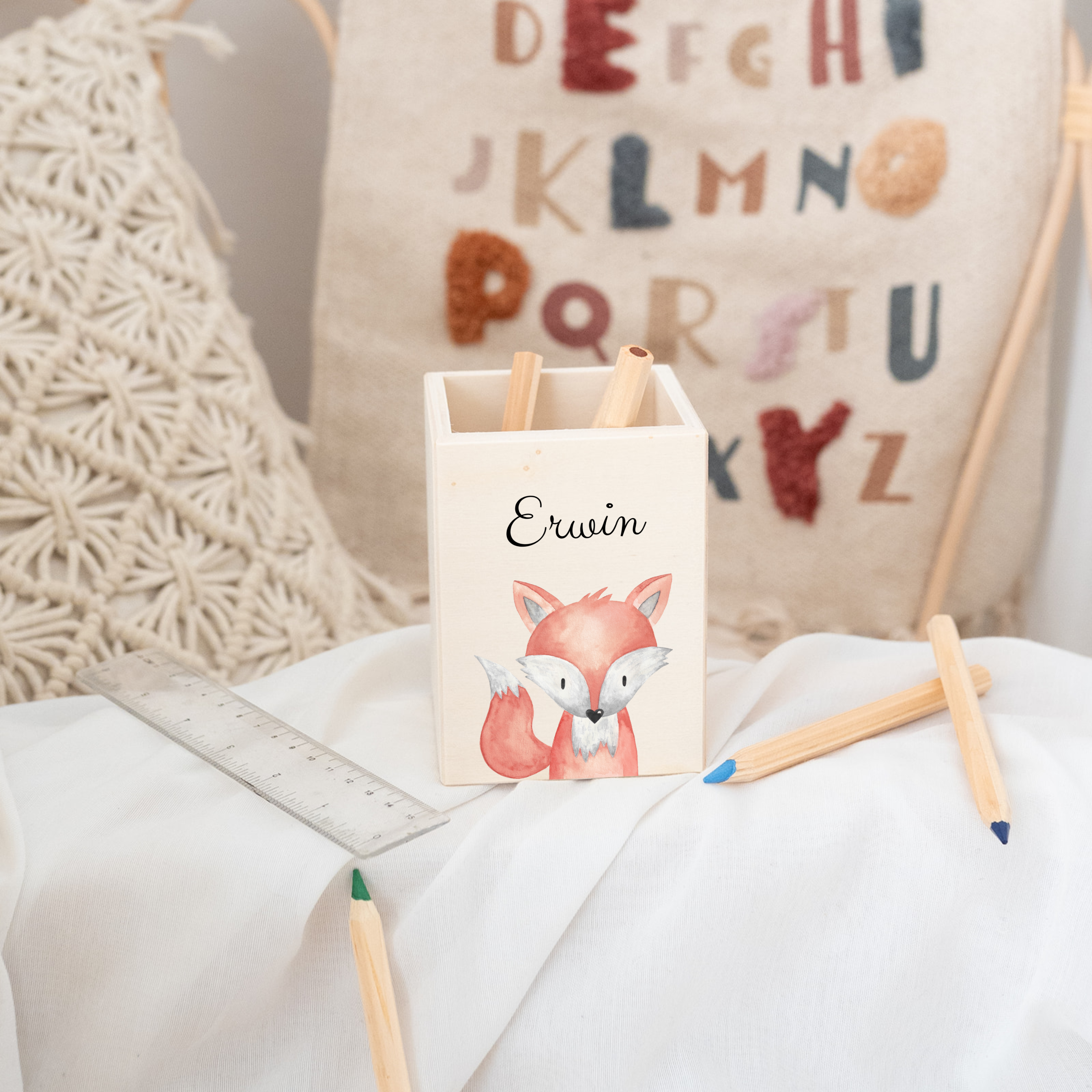 Stiftebecher Holz personalisiert - Tier Aquarell - wunderwunsch