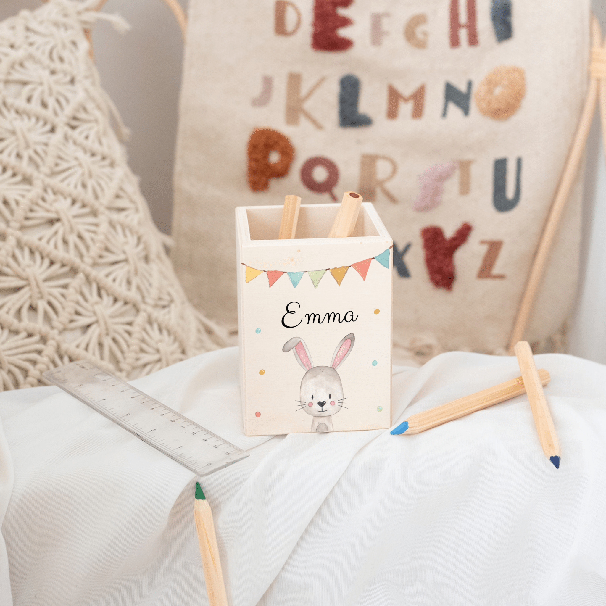 Stiftebecher Holz personalisiert - Tier Girlande Aquarell - wunderwunsch