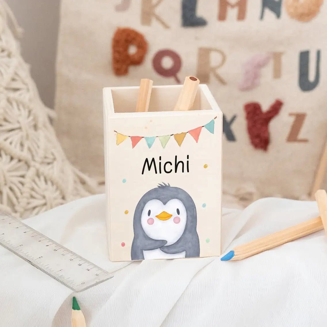 Stiftebecher Holz personalisiert - Tier Girlande Aquarell - wunderwunsch