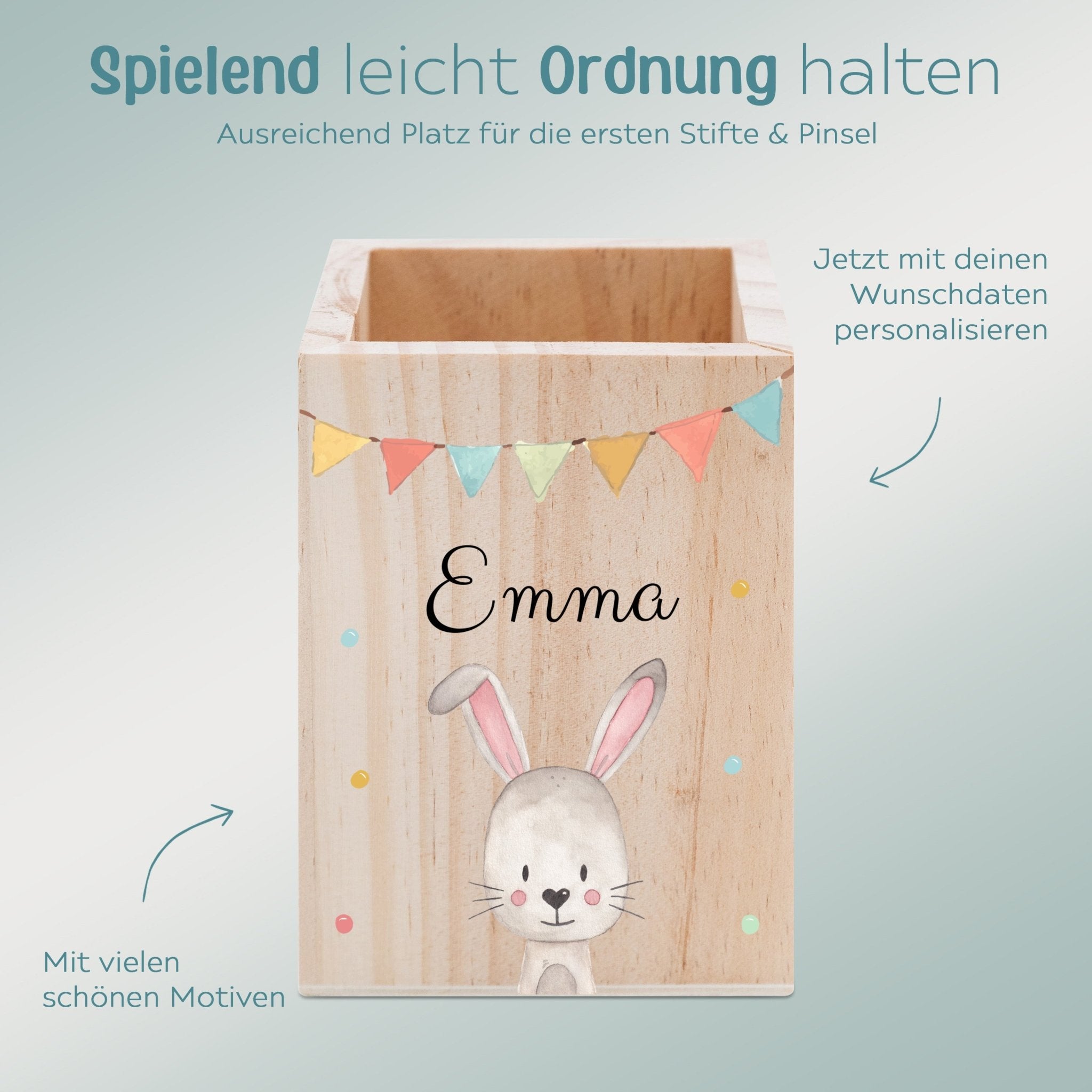 Stiftebecher Holz personalisiert - Tier Girlande Aquarell - wunderwunsch
