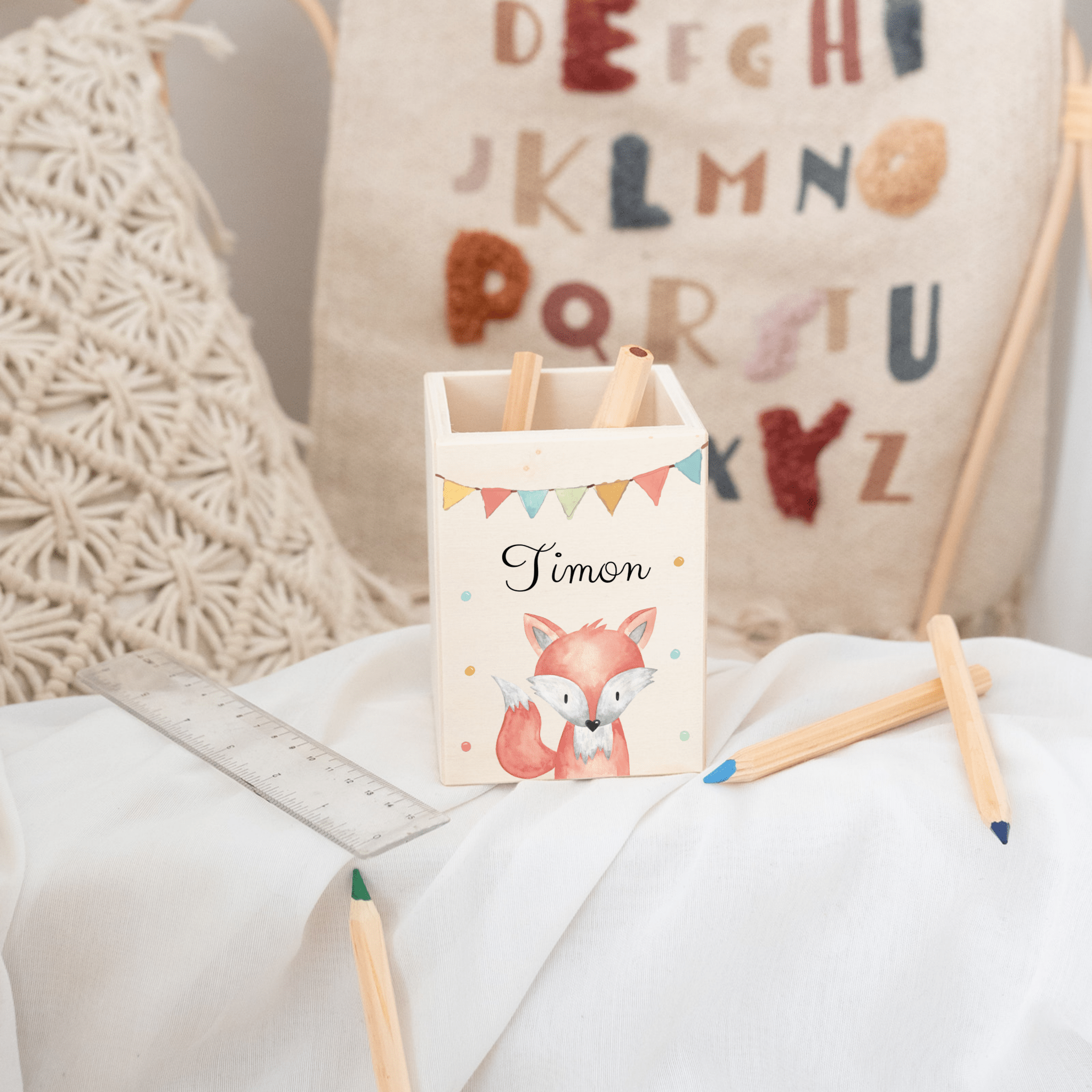 Stiftebecher Holz personalisiert - Tier Girlande Aquarell - wunderwunsch