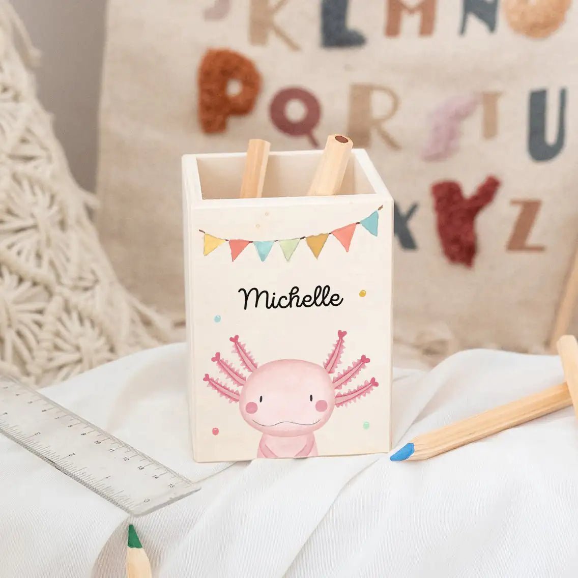 Stiftebecher Holz personalisiert - Tier Girlande Aquarell - wunderwunsch