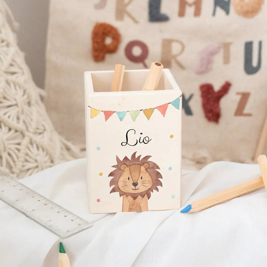 Stiftebecher Holz personalisiert - Tier Girlande Aquarell - wunderwunsch