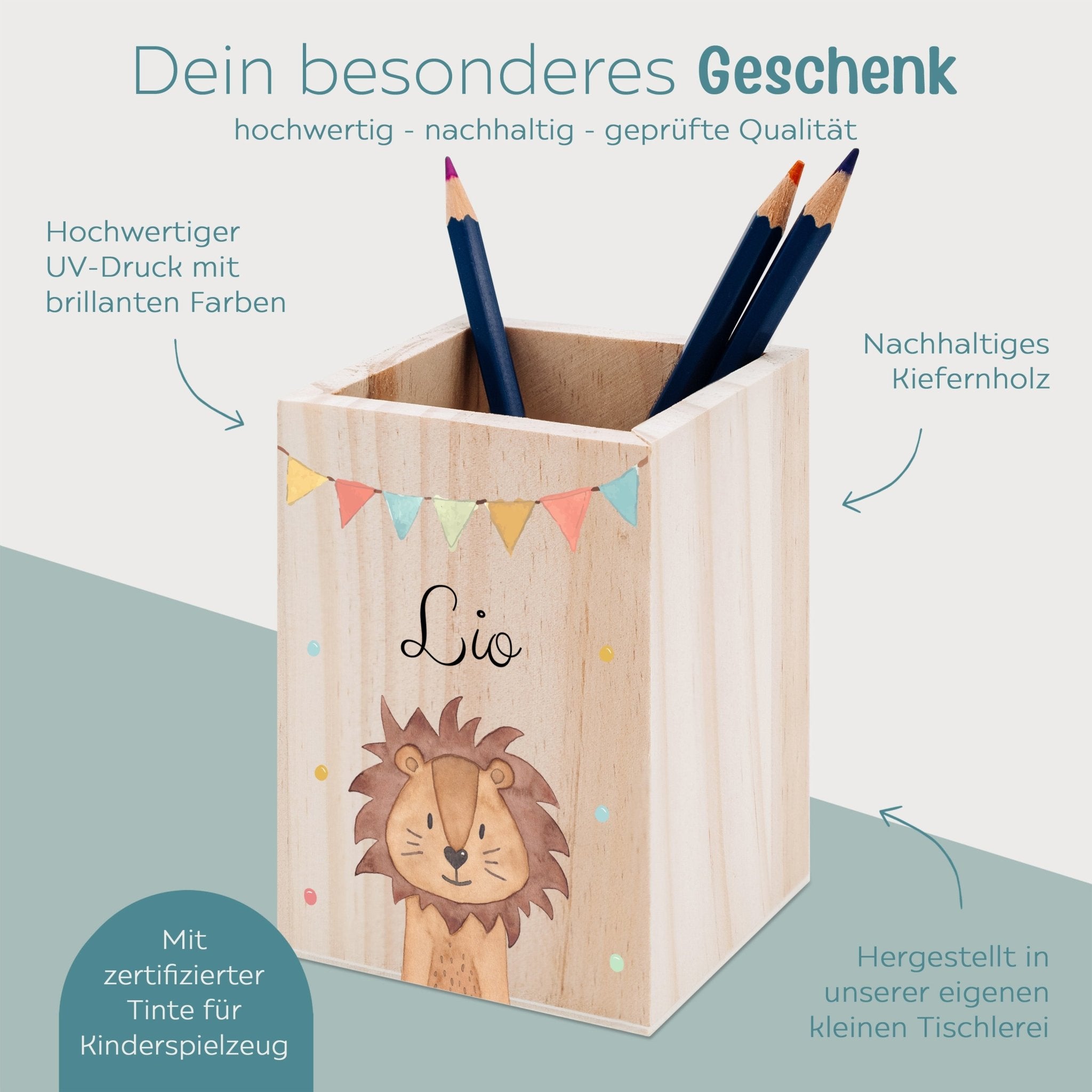 Stiftebecher Holz personalisiert - Tier Girlande Aquarell - wunderwunsch