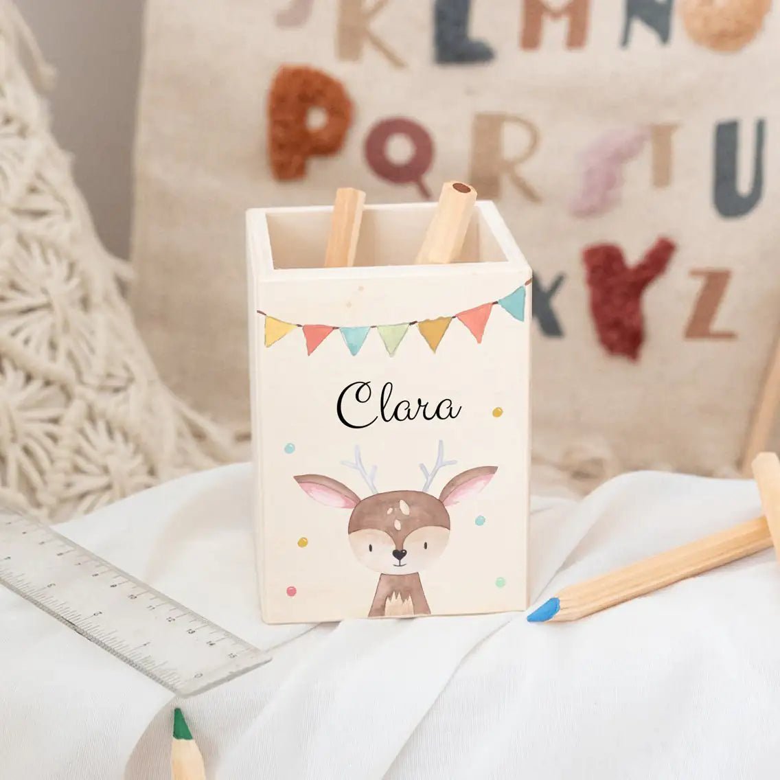 Stiftebecher Holz personalisiert - Tier Girlande Aquarell - wunderwunsch