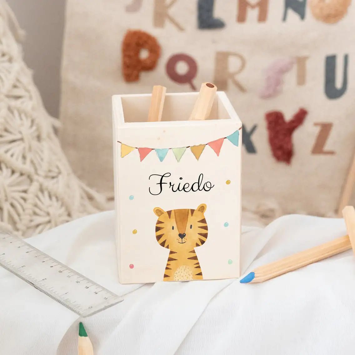 Stiftebecher Holz personalisiert - Tier Girlande Aquarell - wunderwunsch