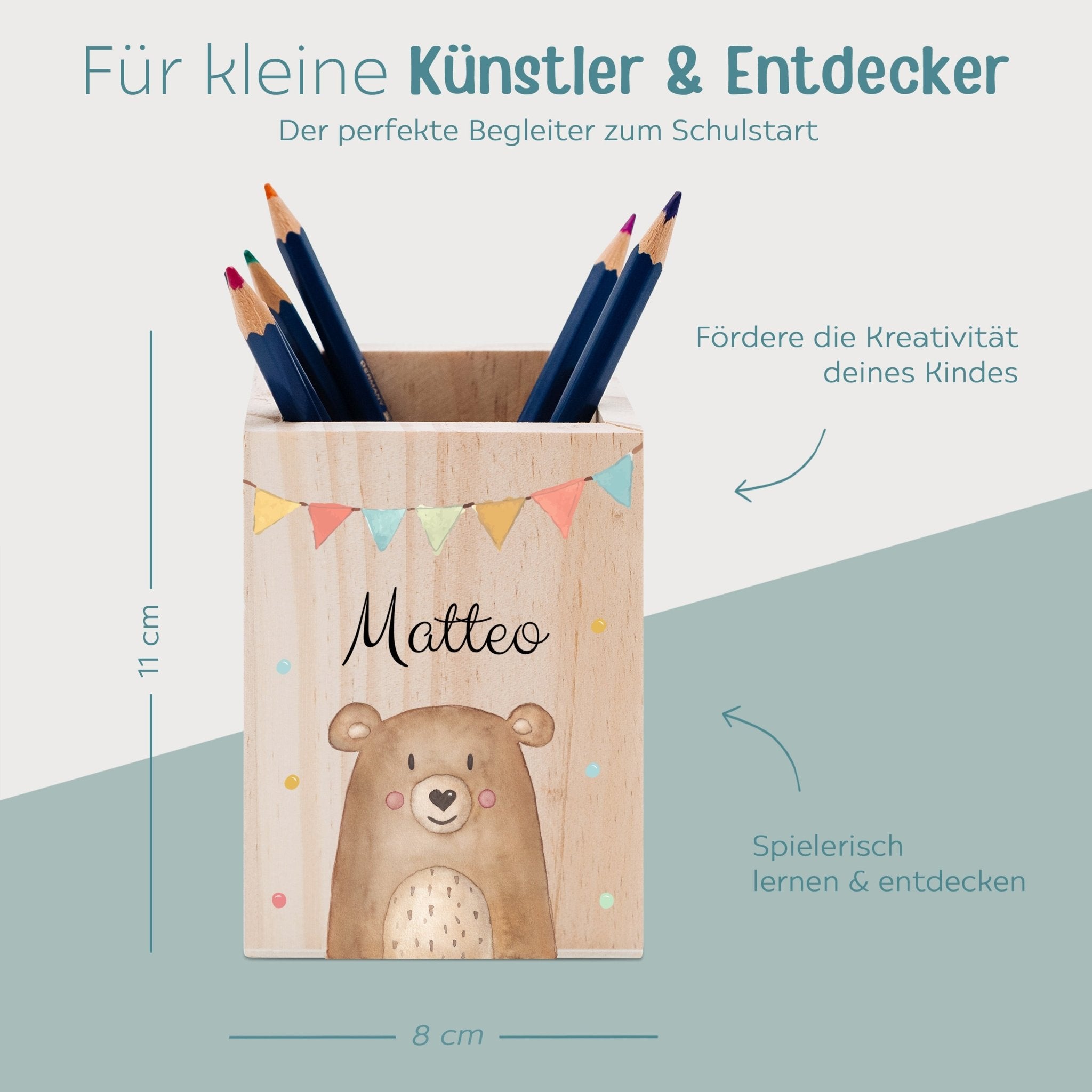 Stiftebecher Holz personalisiert - Tier Girlande Aquarell - wunderwunsch
