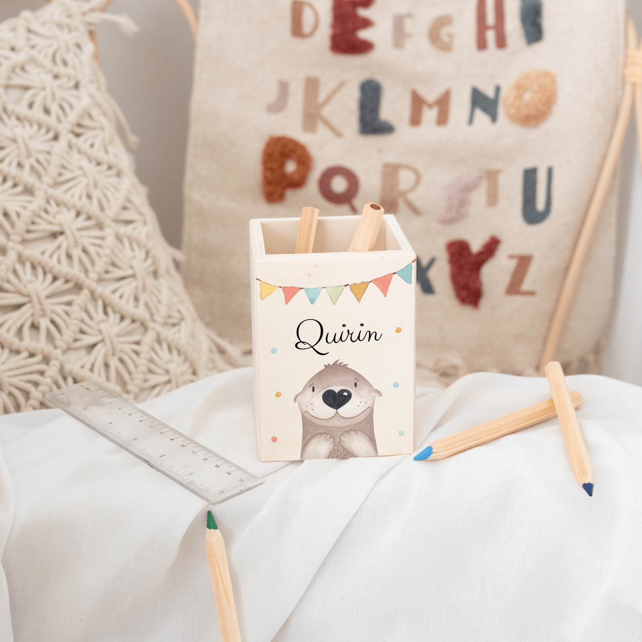 Stiftebecher Holz personalisiert - Tier Girlande Aquarell - wunderwunsch