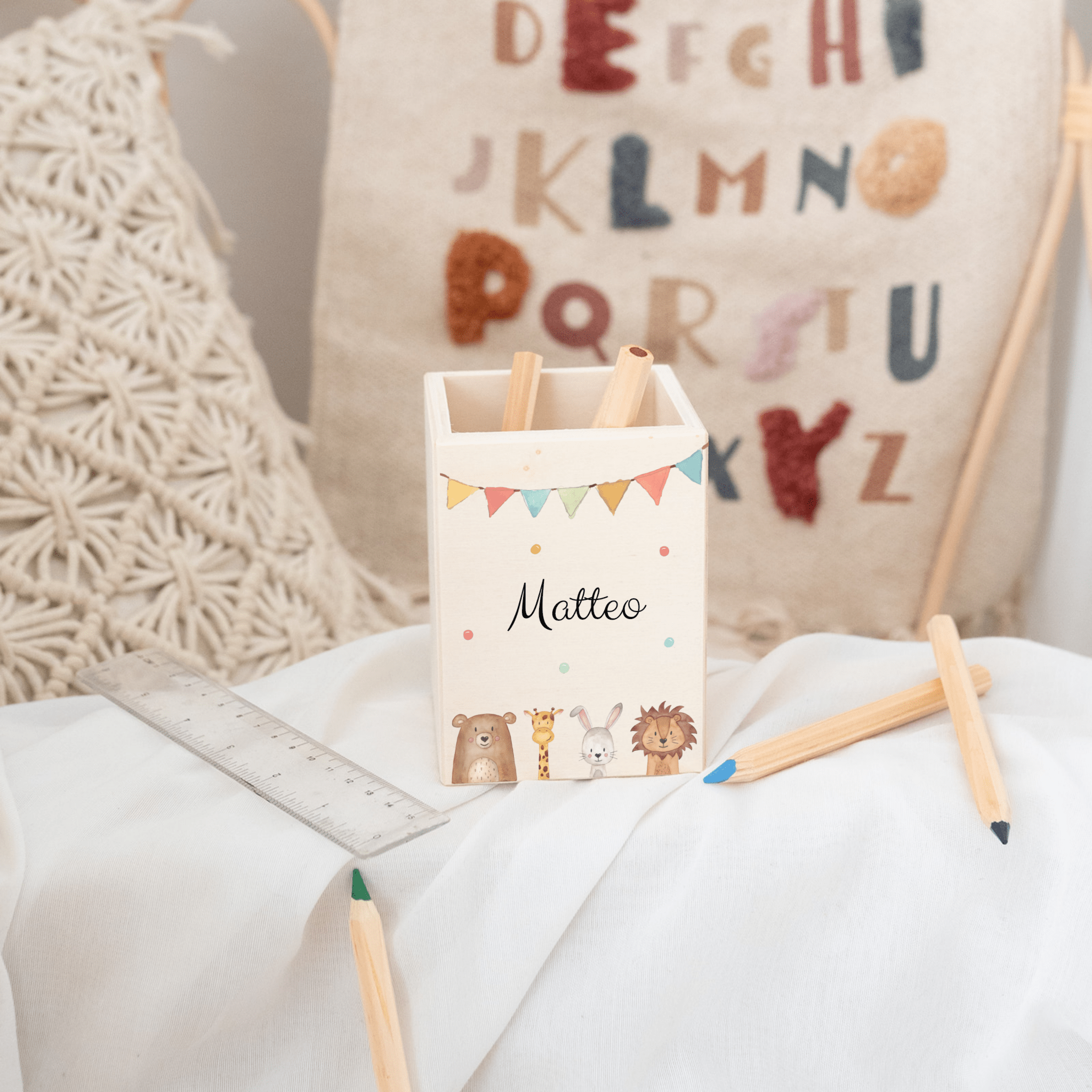 Stiftebecher Holz personalisiert - Tiere oder Dinos Girlande Aquarell - wunderwunsch