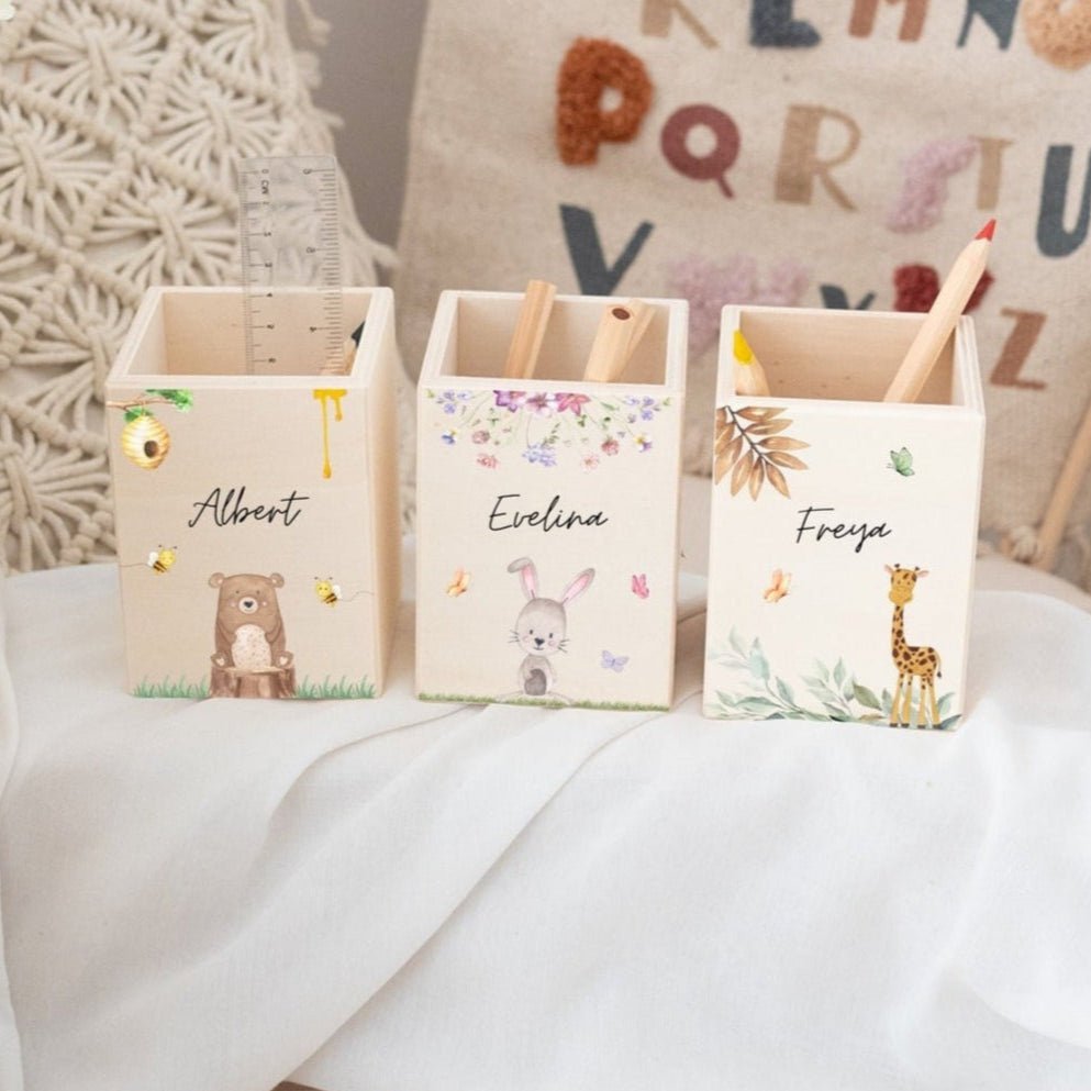 Stiftebecher Holz personalisiert - Tierischer Gartenzauber Aquarell - wunderwunsch