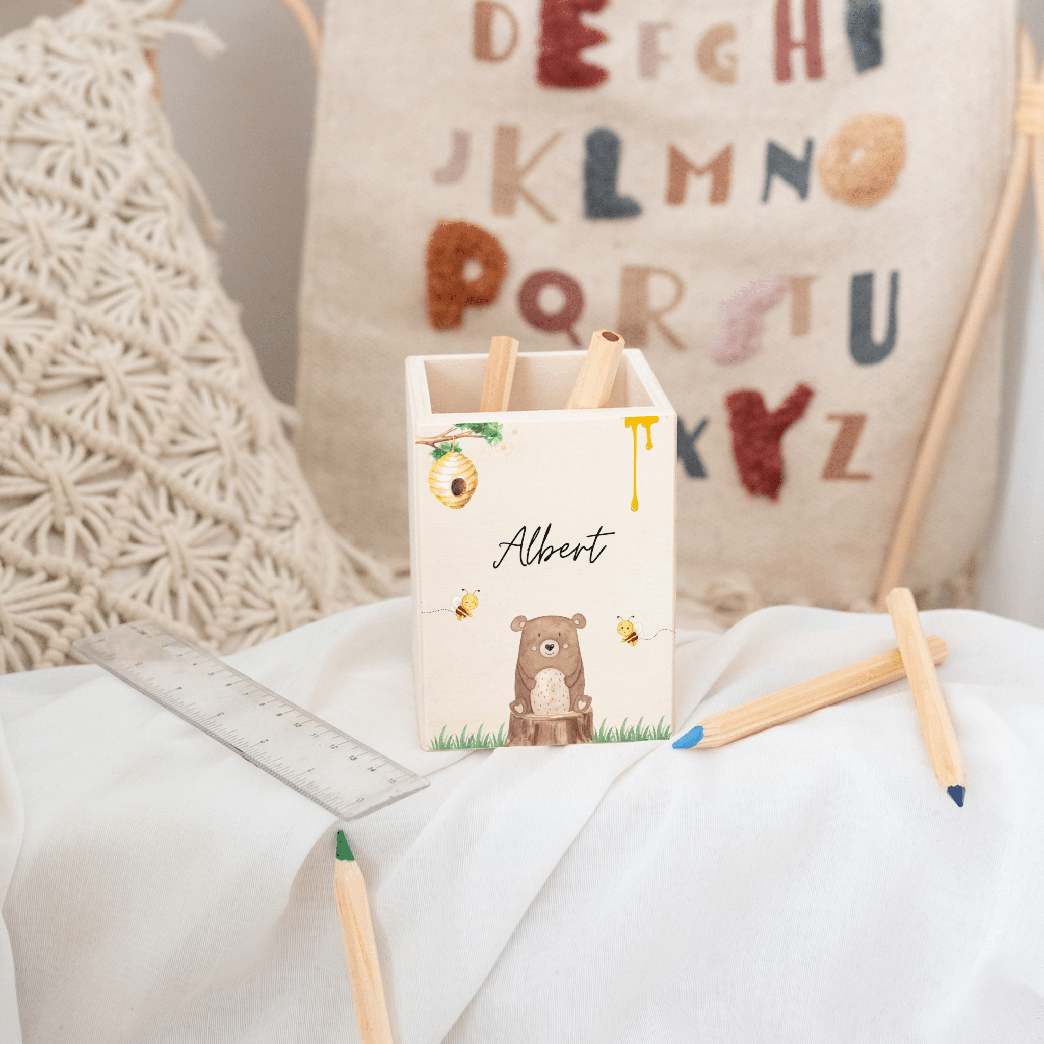 Stiftebecher Holz personalisiert - Tierischer Gartenzauber Aquarell - wunderwunsch