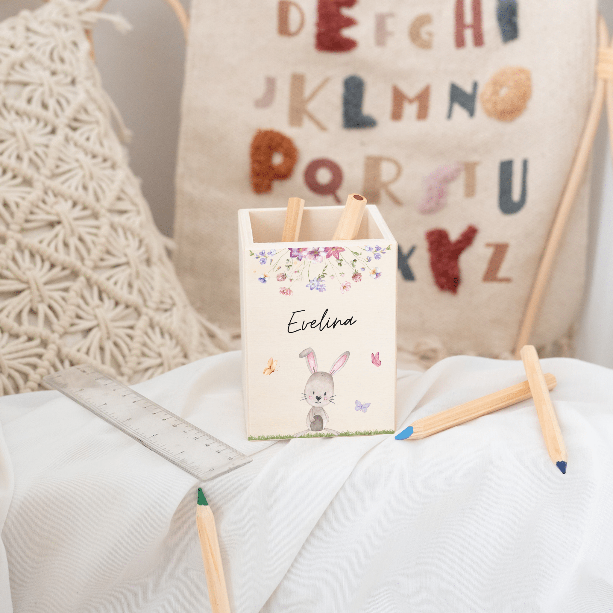 Stiftebecher Holz personalisiert - Tierischer Gartenzauber Aquarell - wunderwunsch