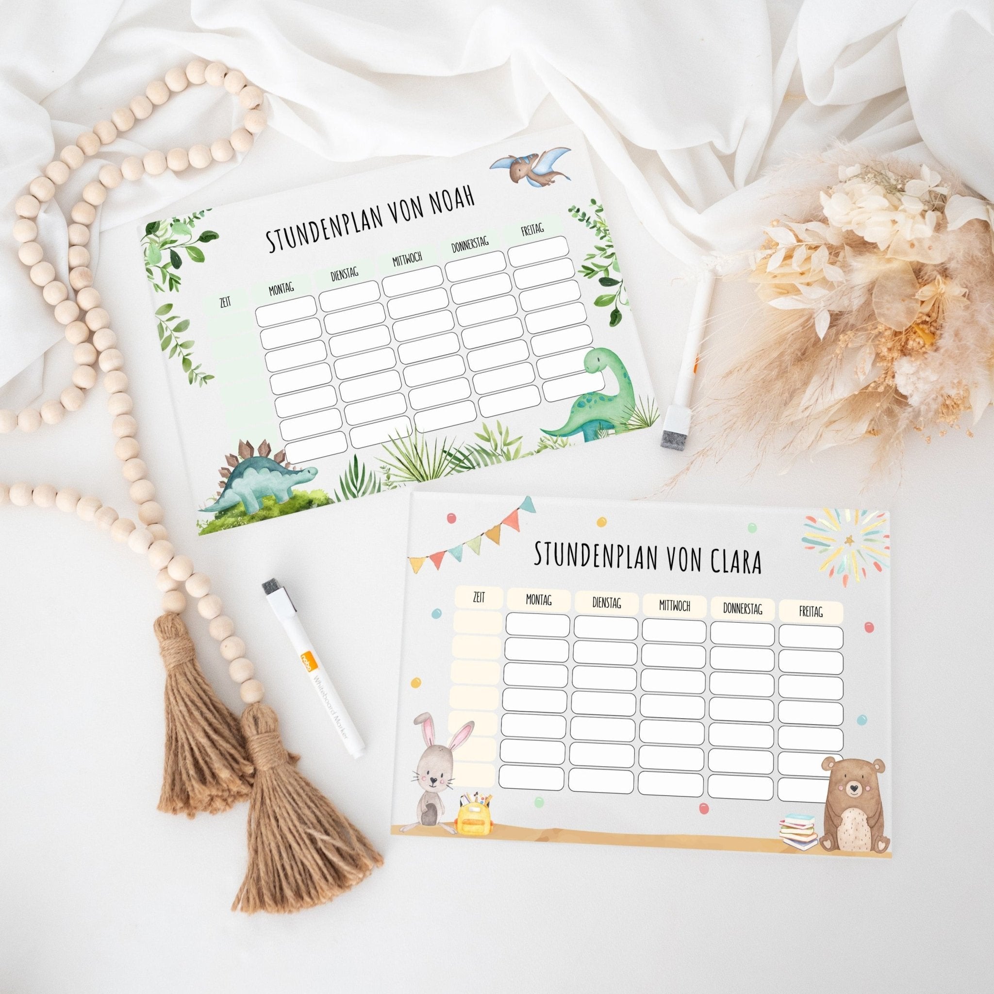 Stundenplan abwischbar personalisiert - Bär und Hase oder Dinos - wunderwunsch