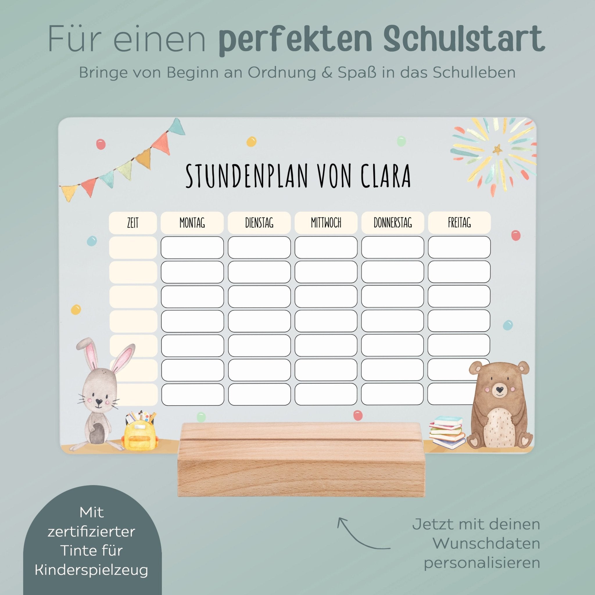 Stundenplan abwischbar personalisiert - Bär und Hase oder Dinos - wunderwunsch